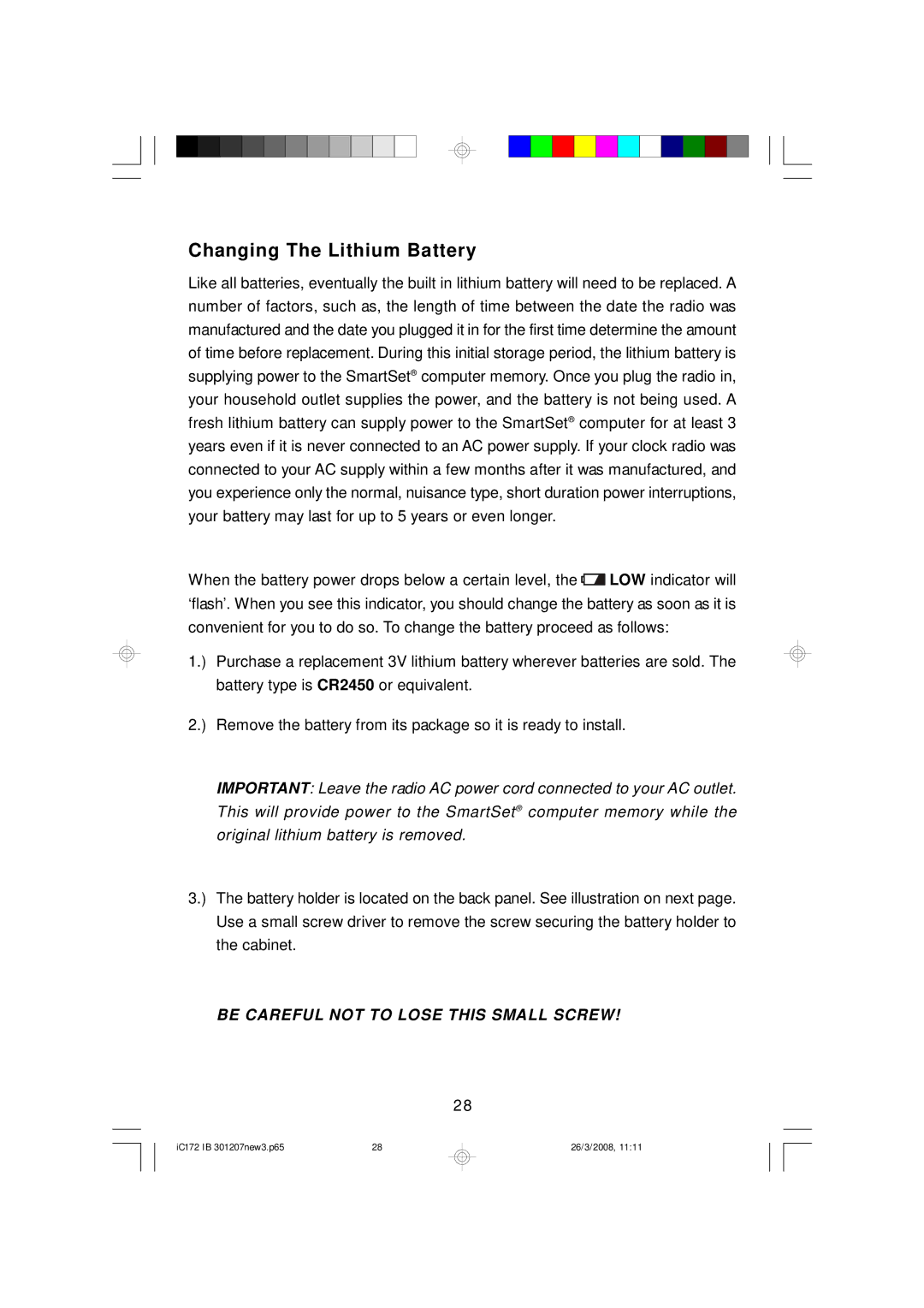 Emerson IC172 important safety instructions Changing The Lithium Battery, Be Careful not to Lose this Small Screw 