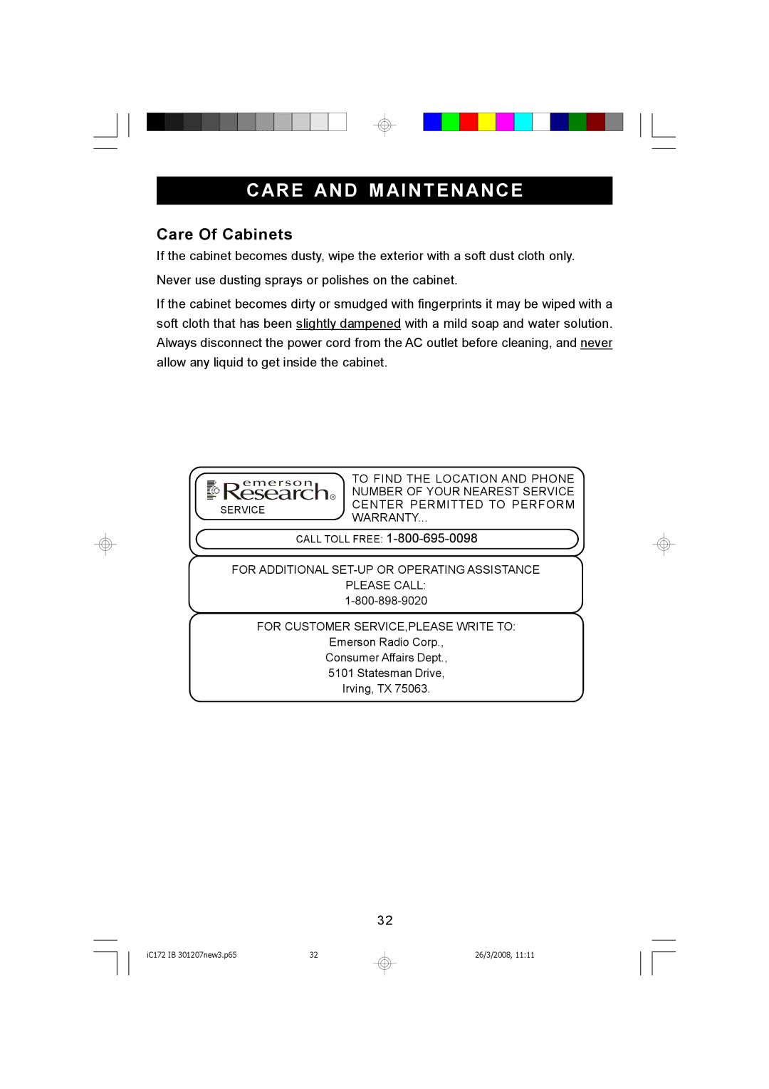 Emerson IC172 important safety instructions Care and Maintenance, Care Of Cabinets 