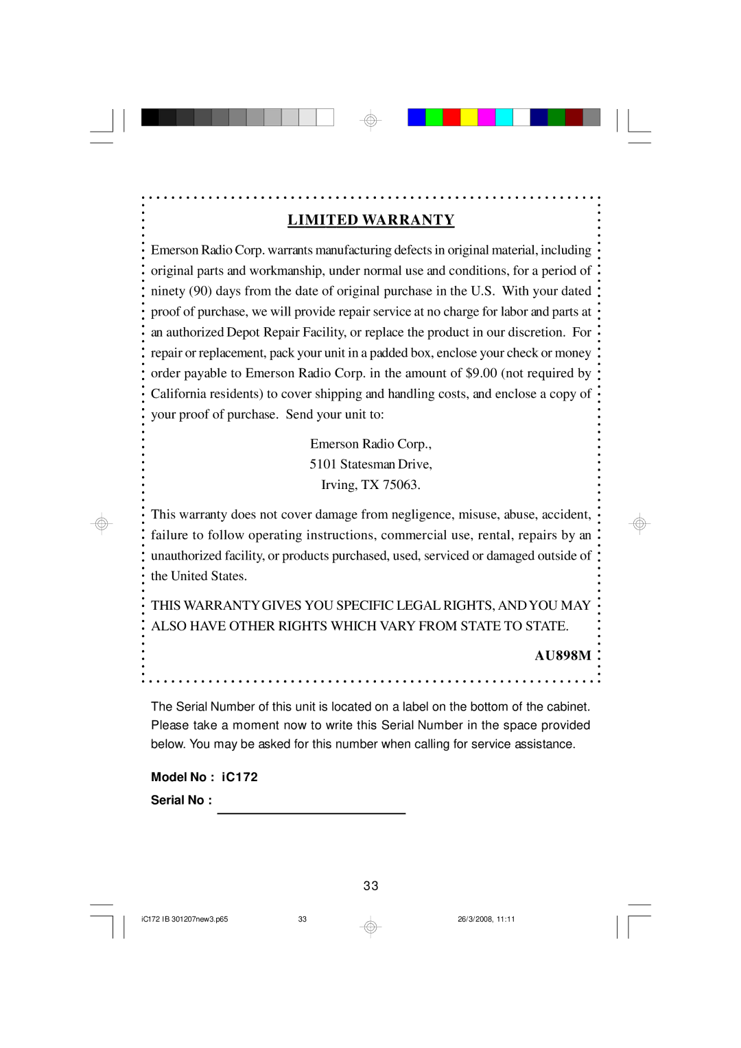 Emerson IC172 important safety instructions Limited Warranty 