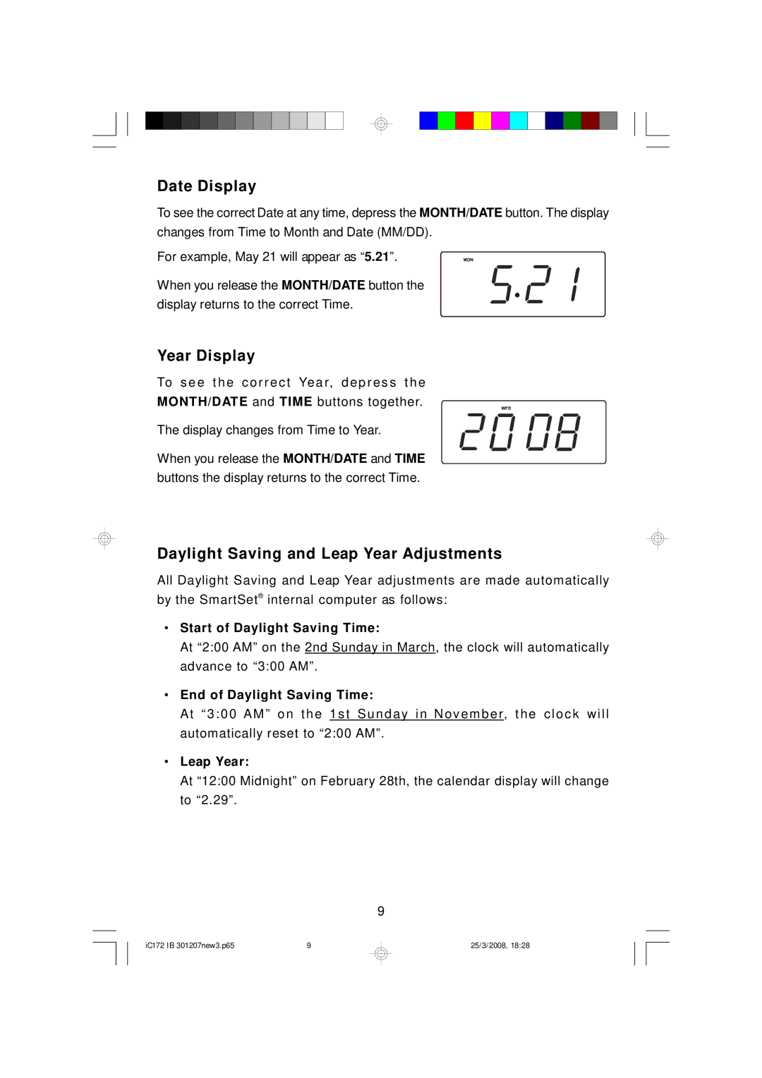 Emerson IC172 important safety instructions Date Display, Year Display, Daylight Saving and Leap Year Adjustments 