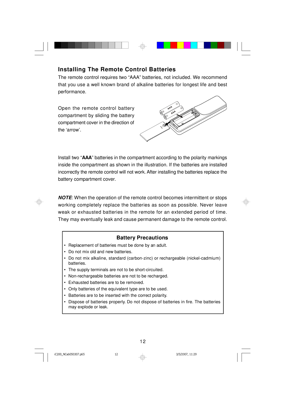 Emerson iC200 owner manual Installing The Remote Control Batteries, Battery Precautions 