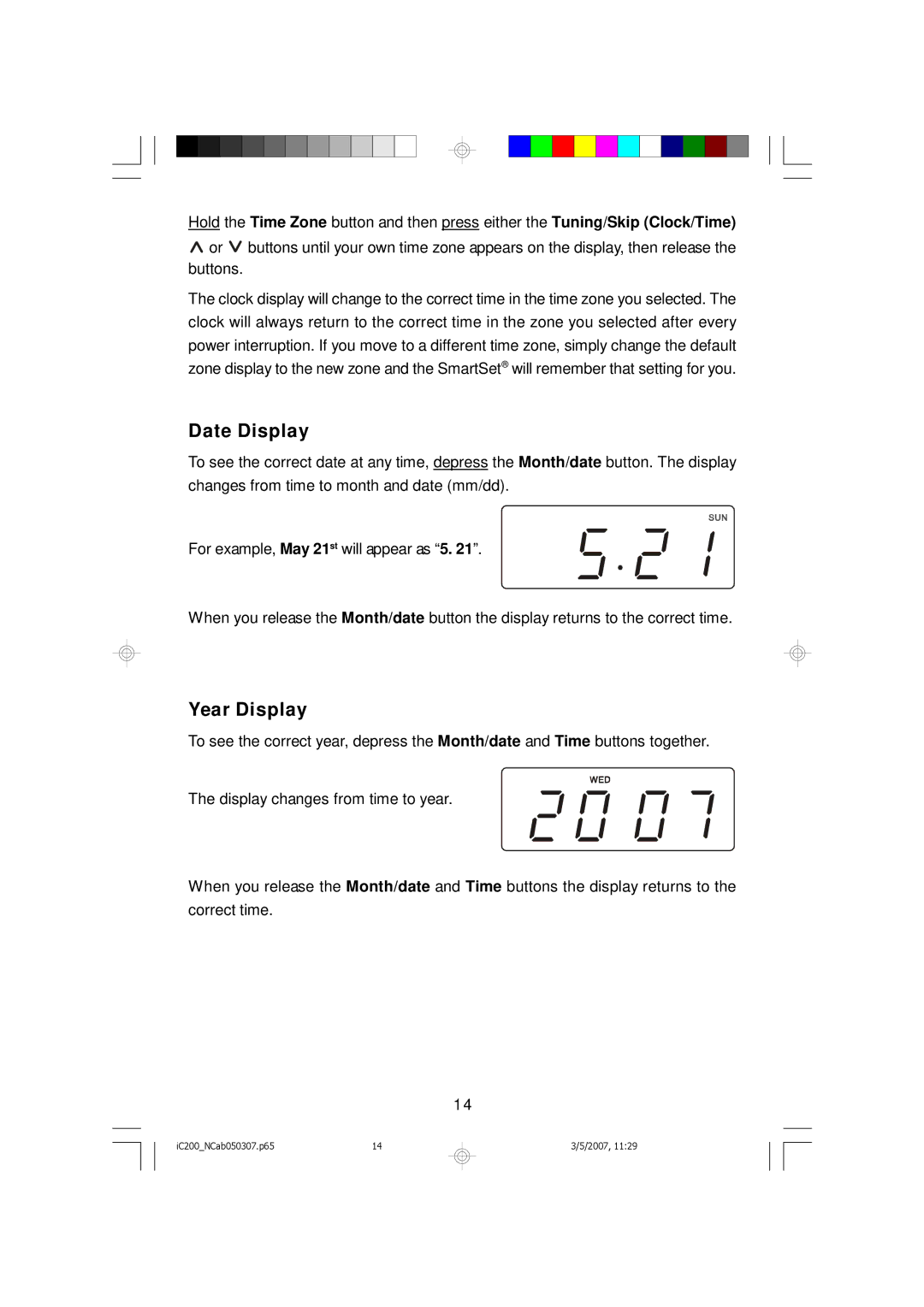 Emerson iC200 owner manual Date Display, Year Display 