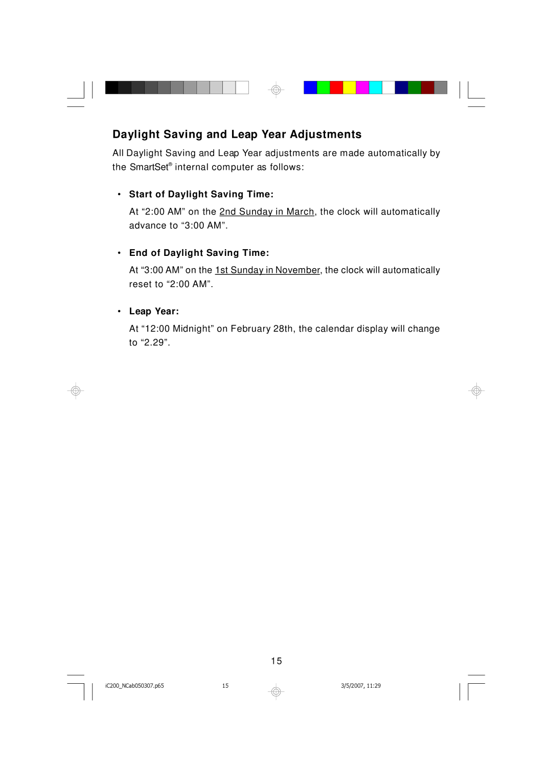 Emerson iC200 owner manual Daylight Saving and Leap Year Adjustments 