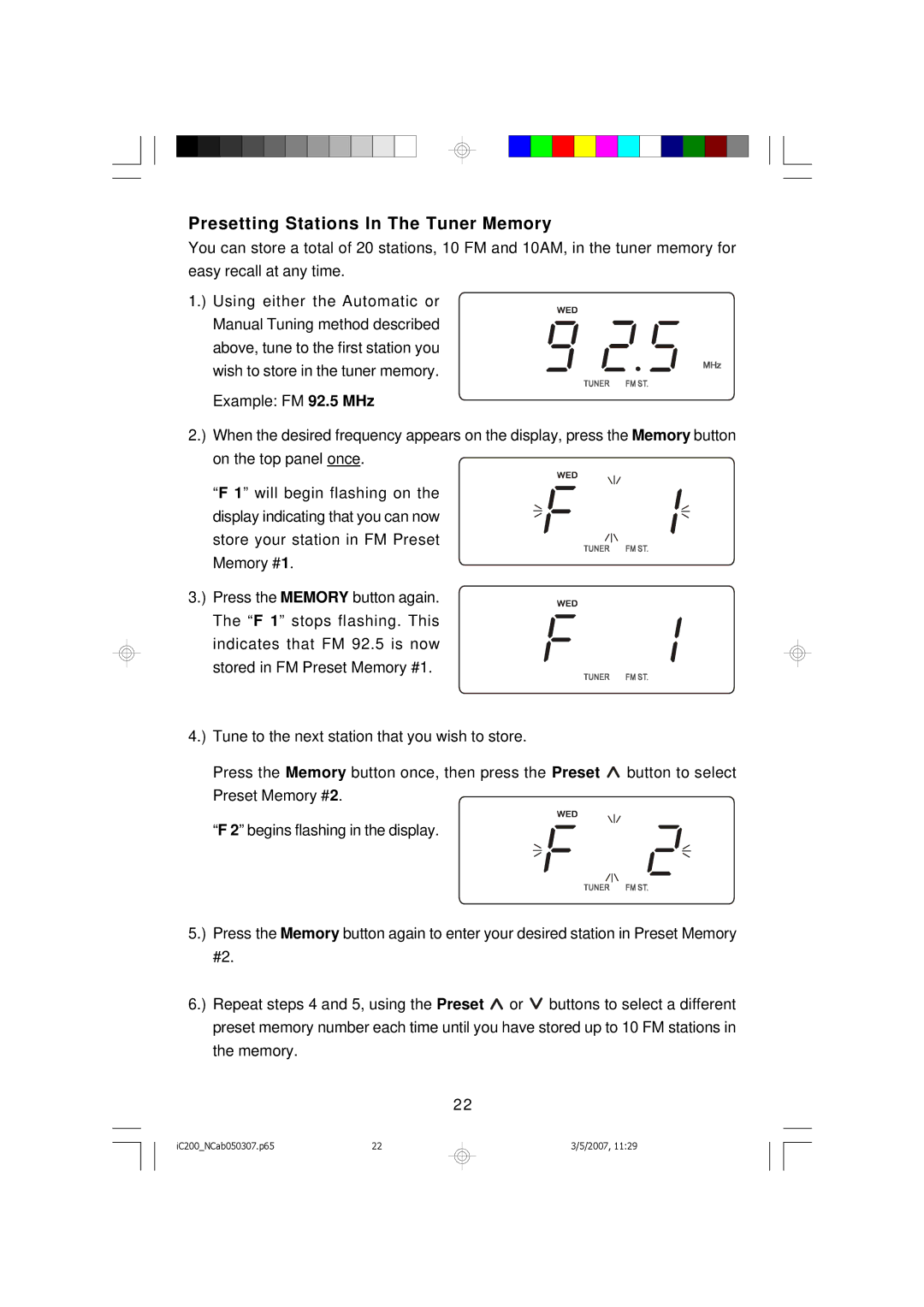 Emerson iC200 owner manual Presetting Stations In The Tuner Memory 