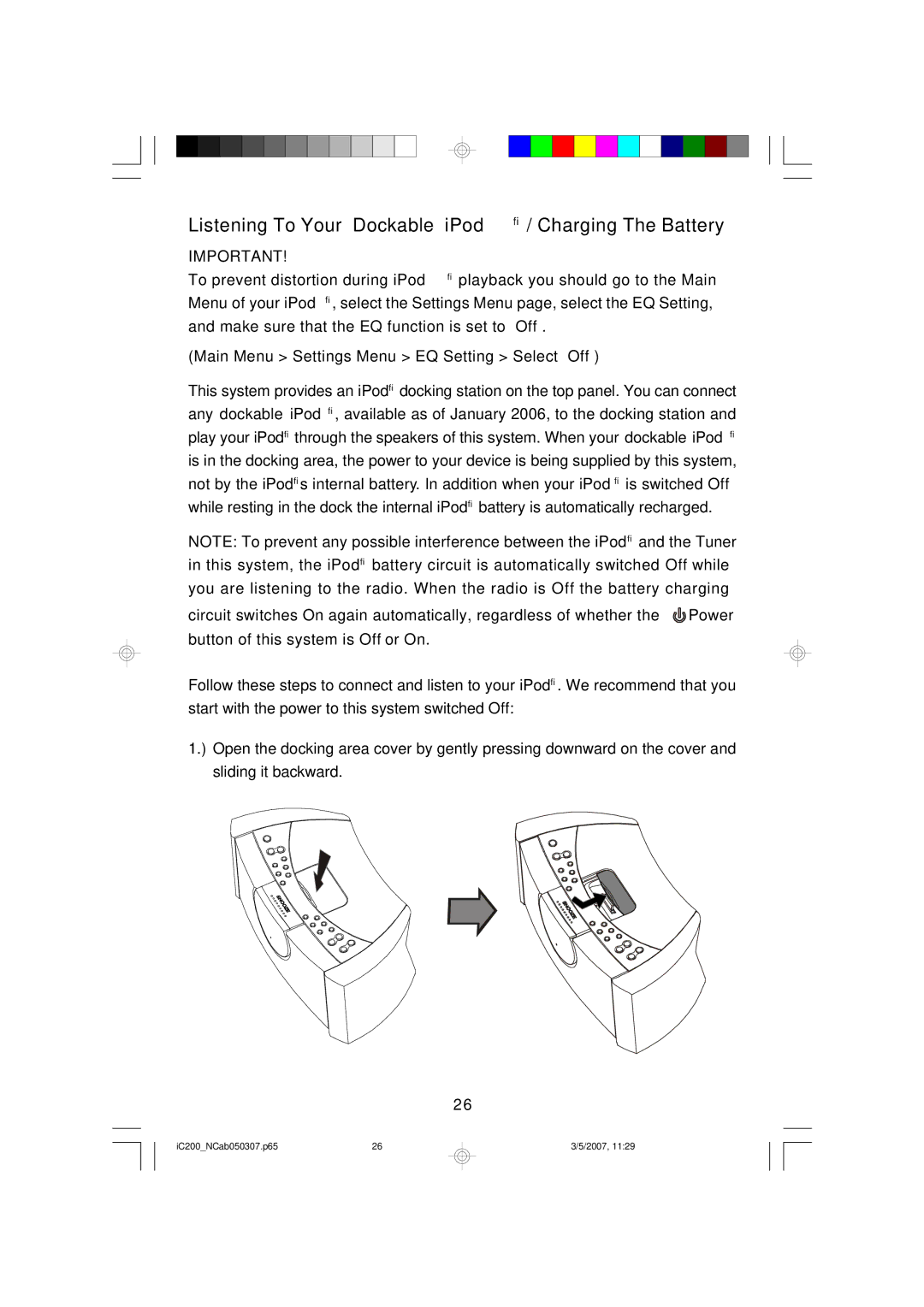 Emerson iC200 owner manual Listening To Your Dockable iPod / Charging The Battery 