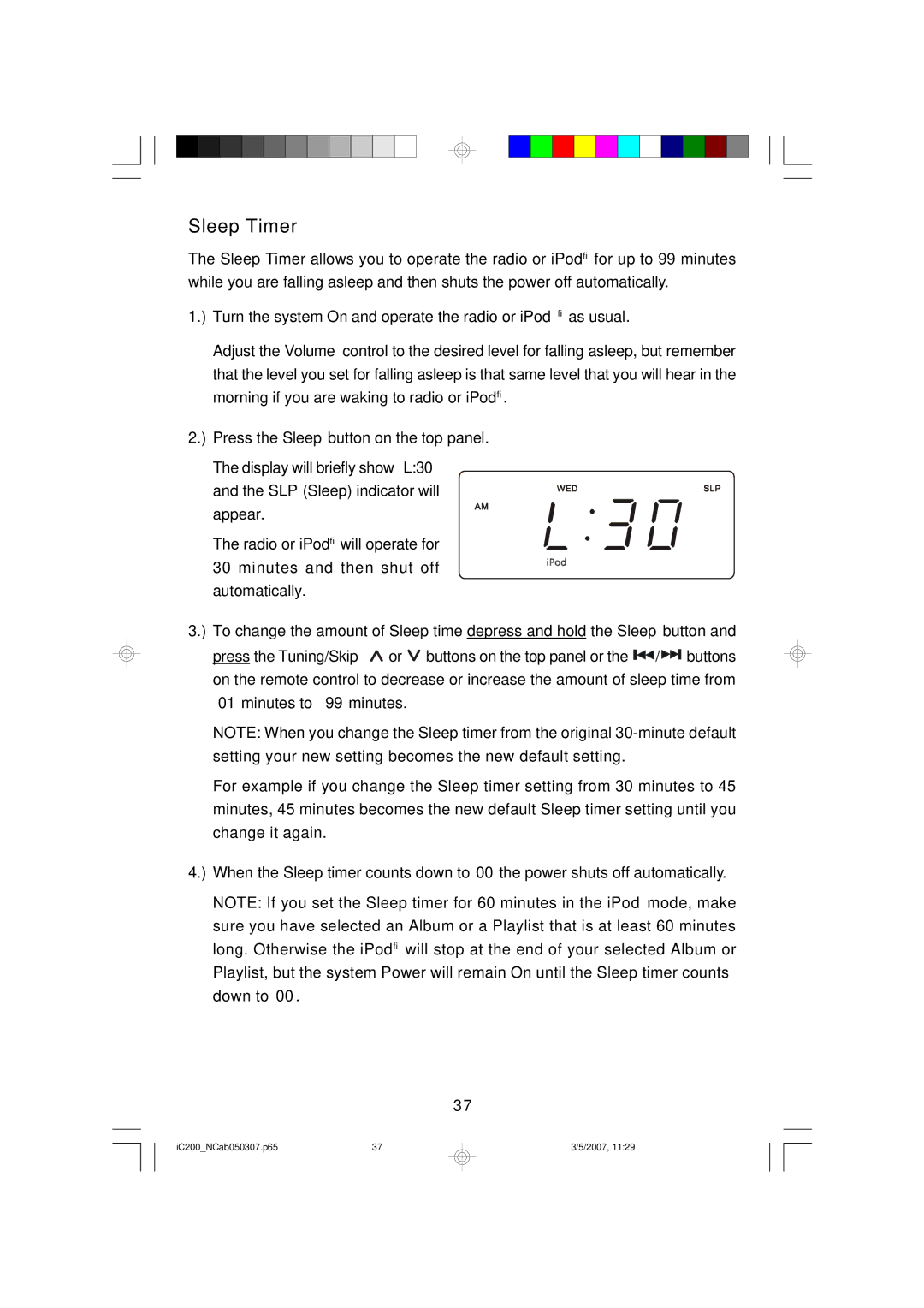 Emerson iC200 owner manual Sleep Timer 