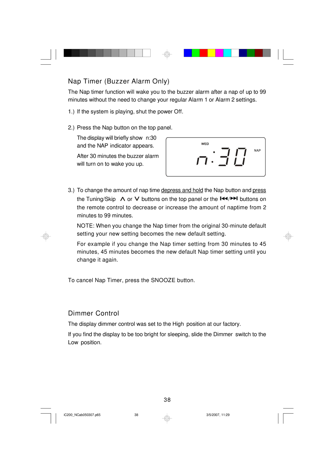 Emerson iC200 owner manual Nap Timer Buzzer Alarm Only, Dimmer Control 