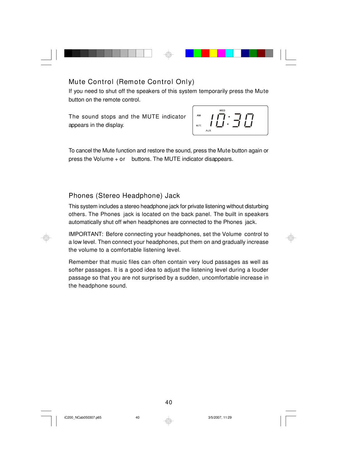 Emerson iC200 owner manual Mute Control Remote Control Only, Phones Stereo Headphone Jack 