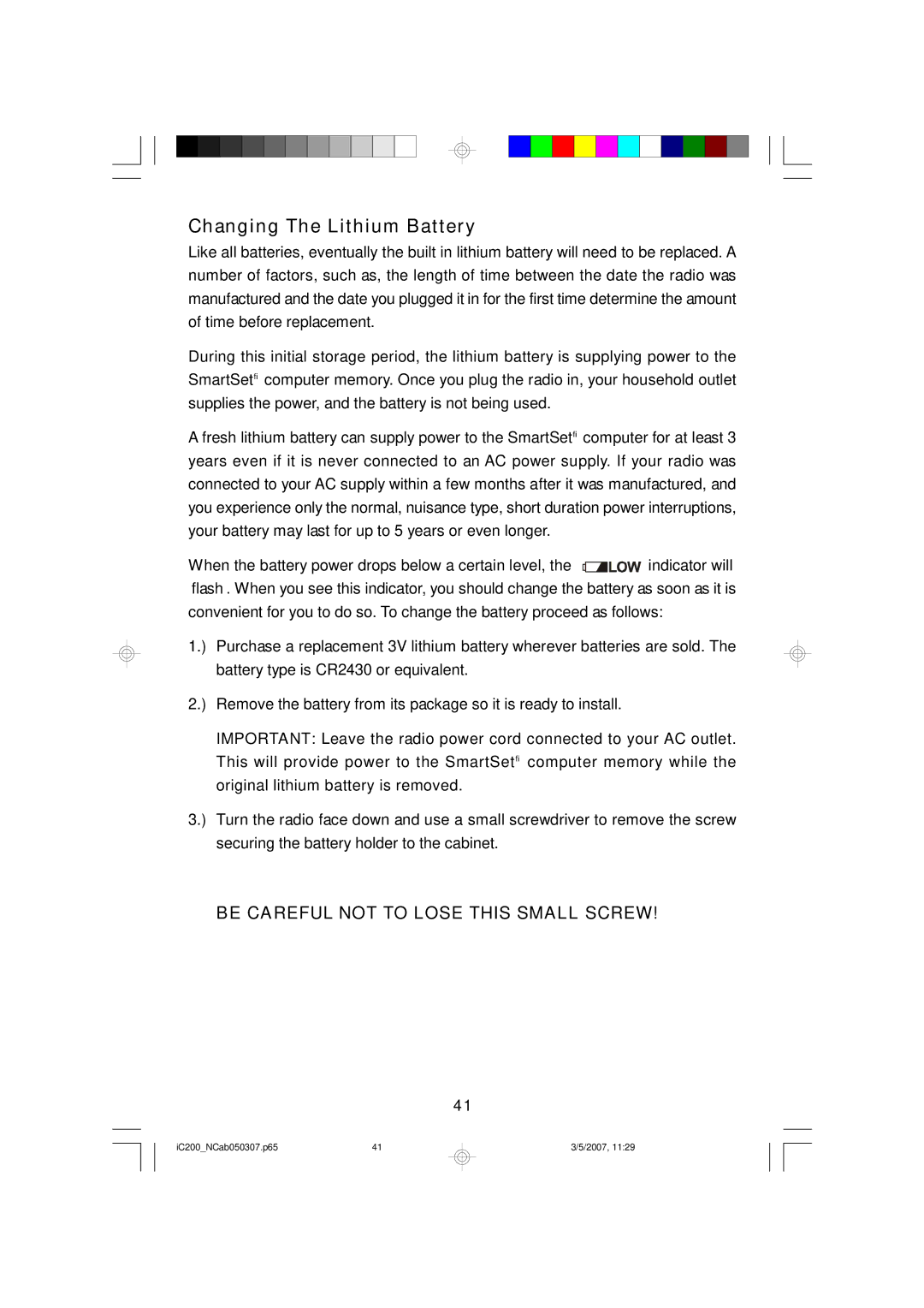 Emerson iC200 owner manual Changing The Lithium Battery, Be Careful not to Lose this Small Screw 