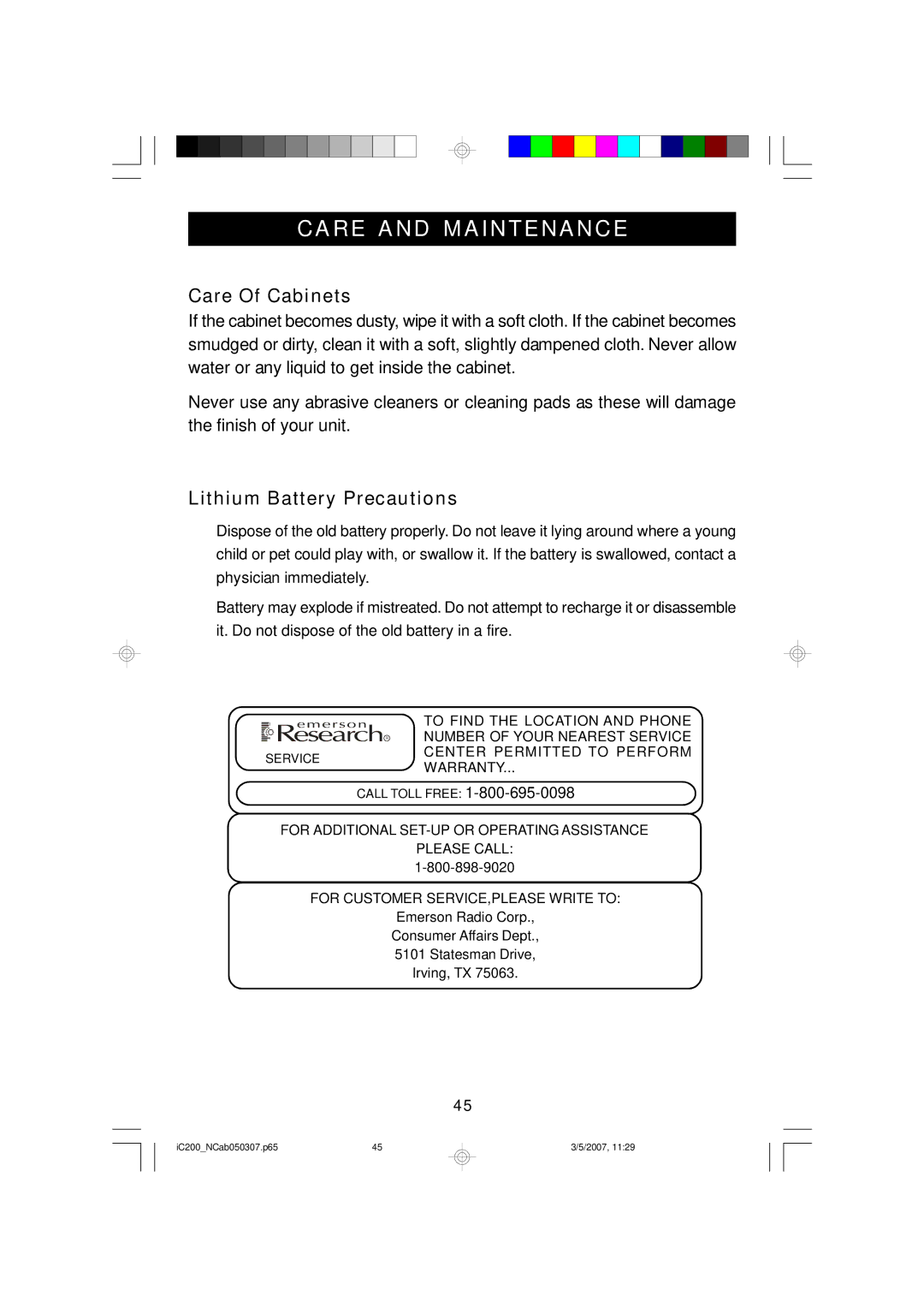 Emerson iC200 owner manual Care and M Aintenance, Care Of Cabinets 