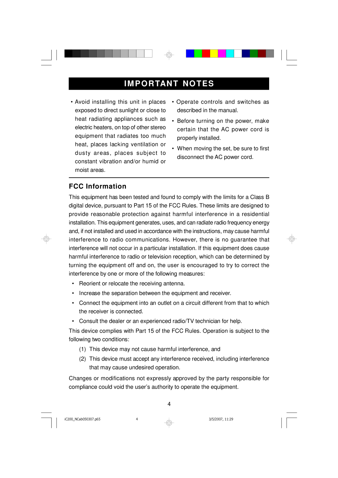 Emerson iC200 owner manual IM Portant Notes, FCC Information 