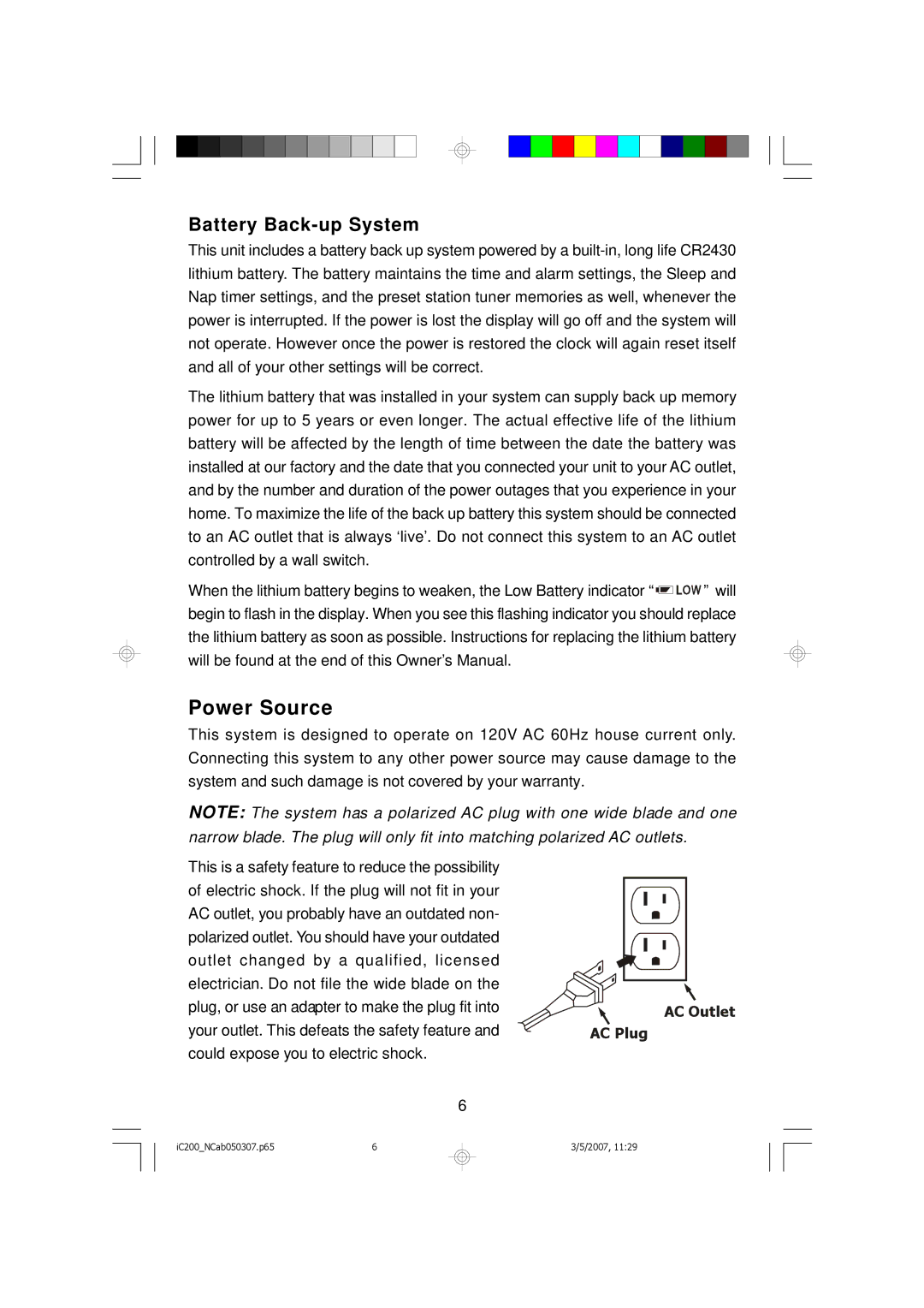 Emerson iC200 owner manual Power Source, Battery Back-up System 