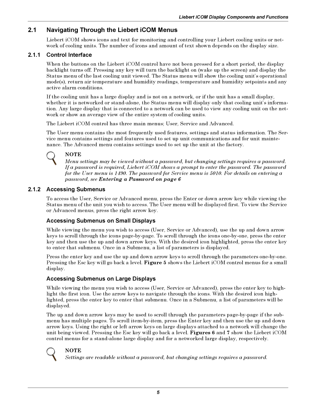 Emerson user manual Navigating Through the Liebert iCOM Menus, Control Interface, Accessing Submenus 