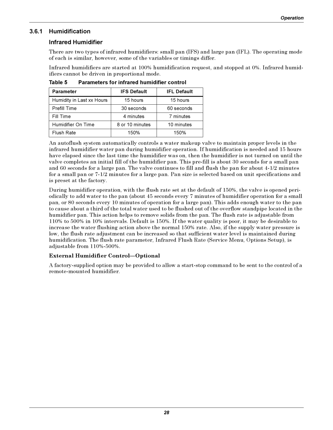 Emerson iCOM user manual Humidification Infrared Humidifier, Parameters for infrared humidifier control 