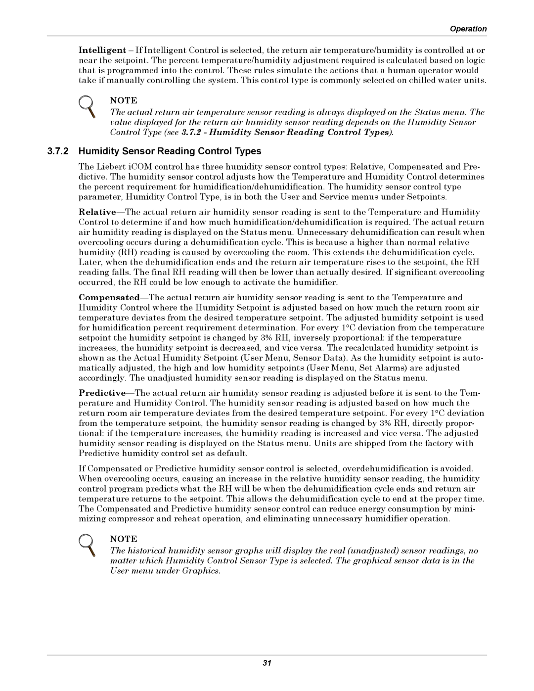 Emerson iCOM user manual Humidity Sensor Reading Control Types 