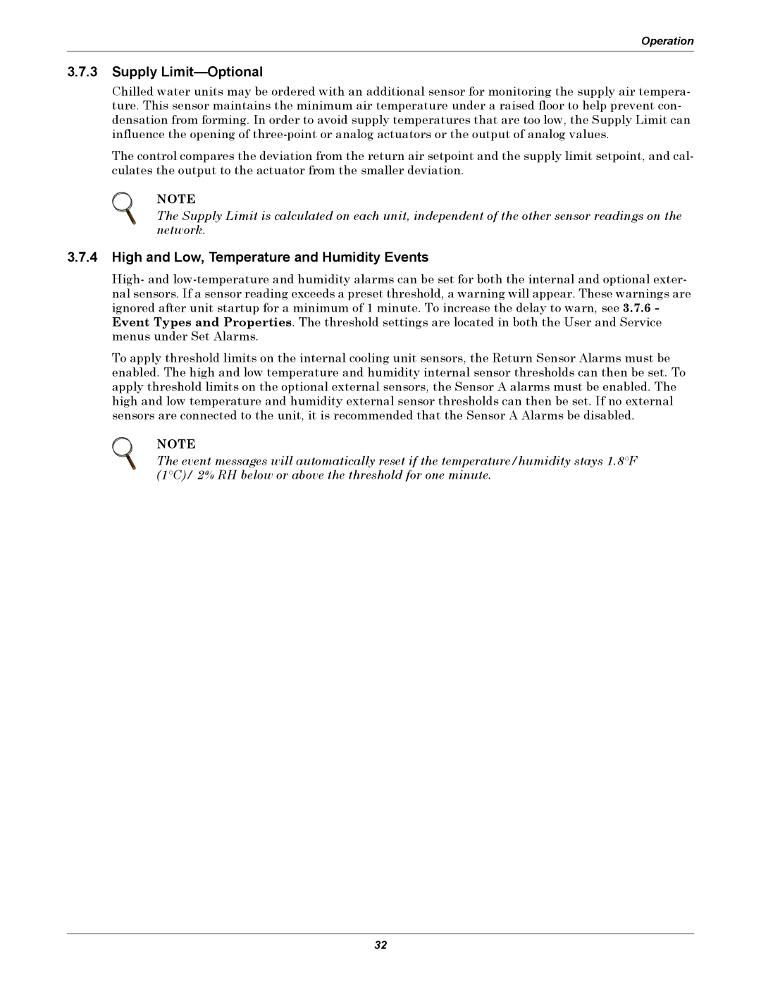 Emerson iCOM user manual Supply Limit-Optional, High and Low, Temperature and Humidity Events 