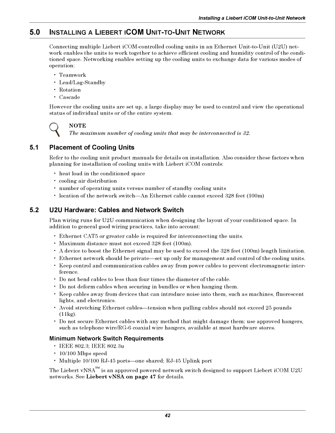 Emerson iCOM Placement of Cooling Units, U2U Hardware Cables and Network Switch, Minimum Network Switch Requirements 