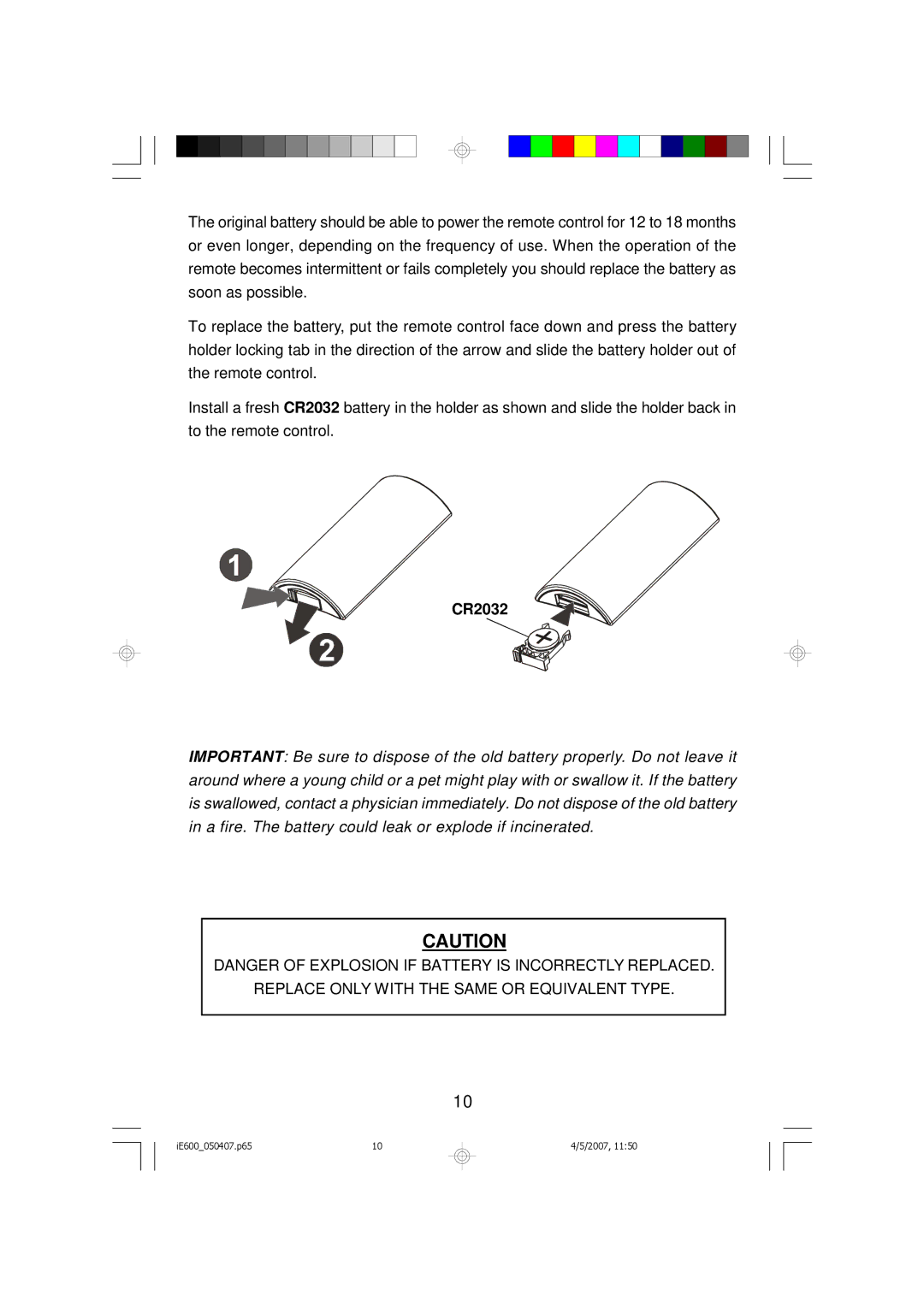 Emerson iE600 owner manual CR2032 