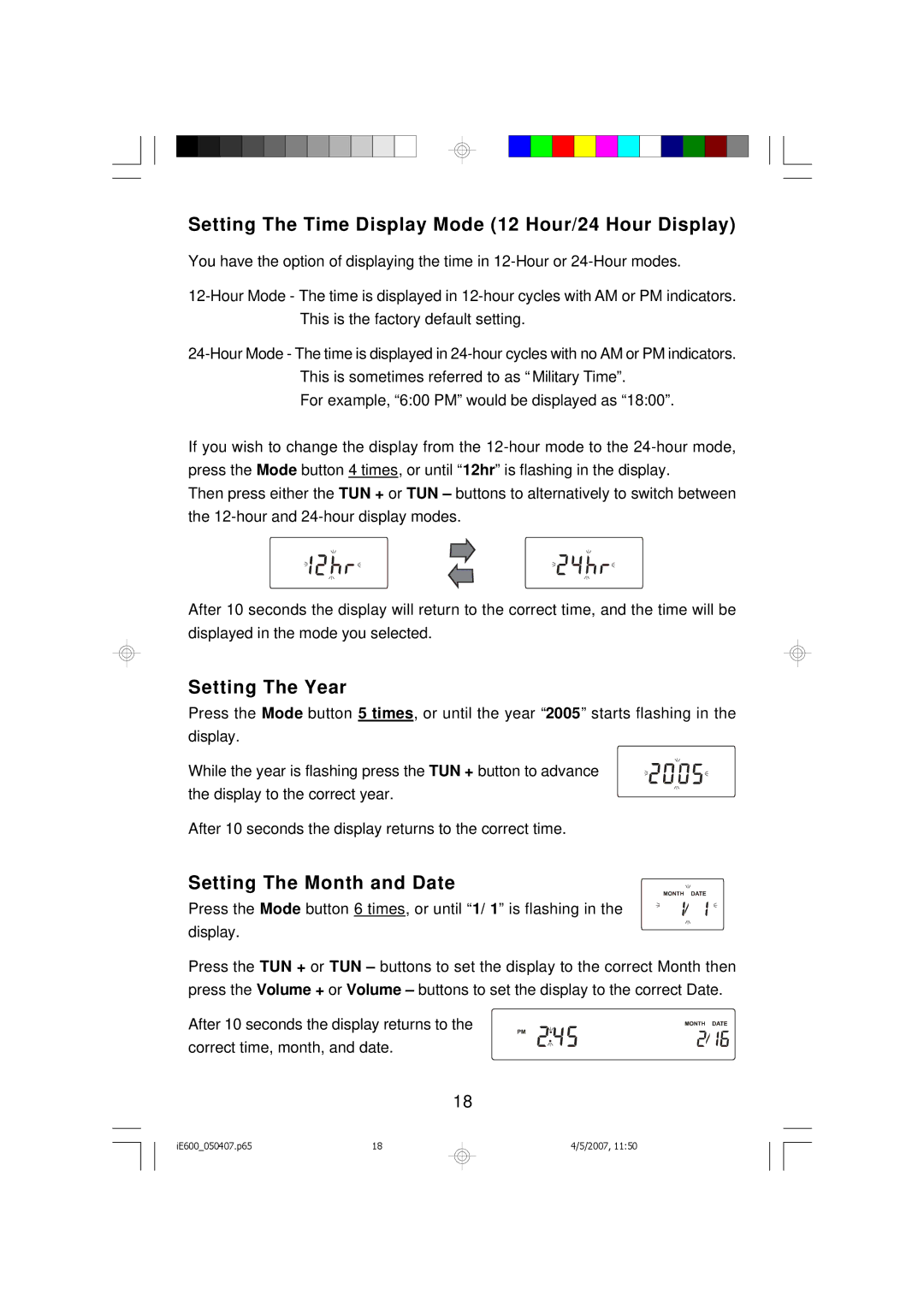 Emerson iE600 Setting The Time Display Mode 12 Hour/24 Hour Display, Setting The Year, Setting The Month and Date 