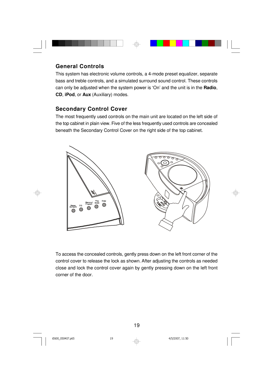 Emerson iE600 owner manual General Controls, Secondary Control Cover 