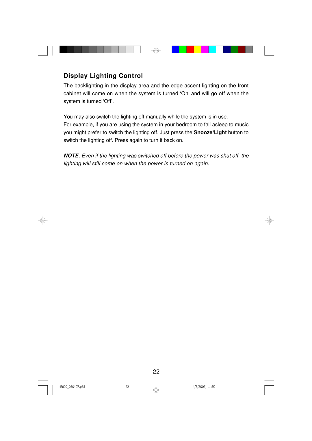 Emerson iE600 owner manual Display Lighting Control 