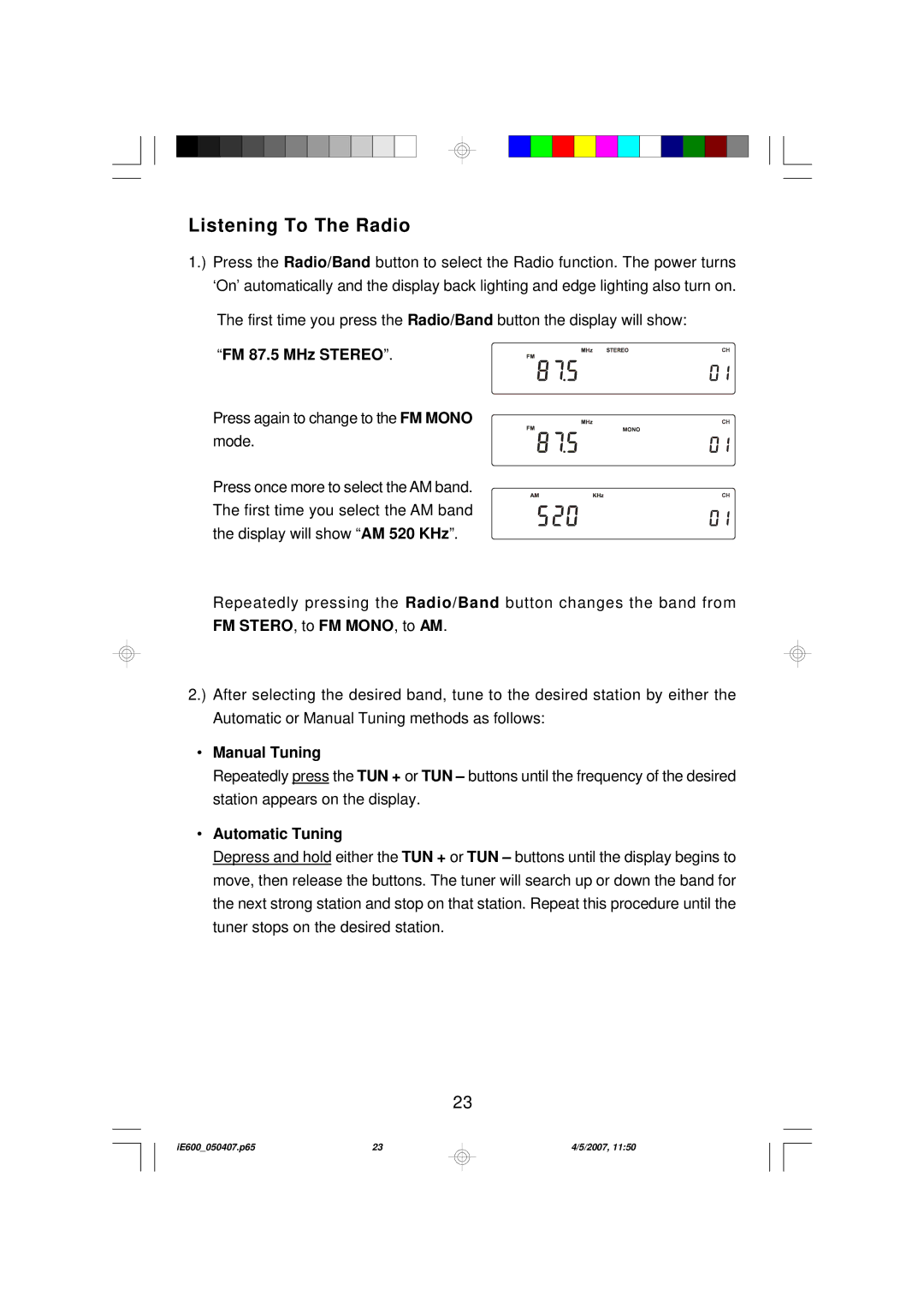 Emerson iE600 owner manual Listening To The Radio, FM 87.5 MHz Stereo, Manual Tuning, Automatic Tuning 