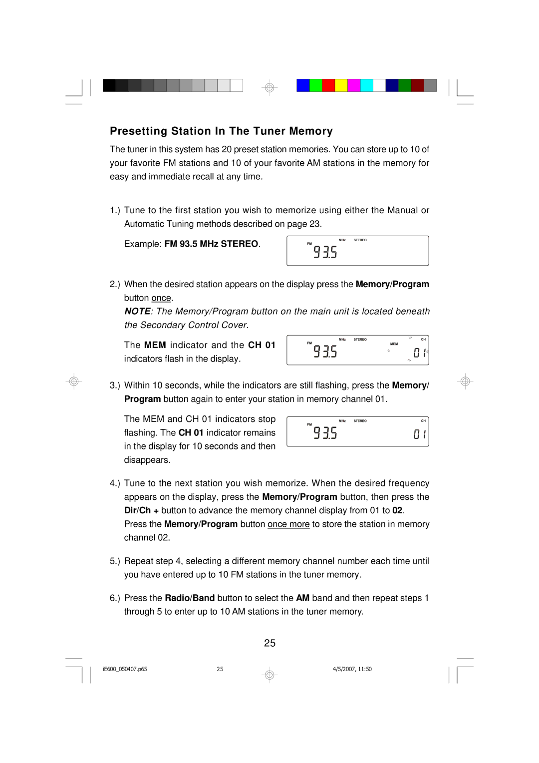 Emerson iE600 owner manual Presetting Station In The Tuner Memory, Example FM 93.5 MHz Stereo 