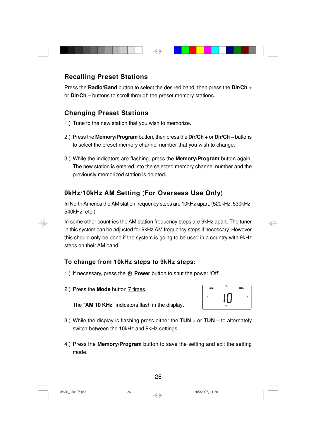 Emerson iE600 owner manual Recalling Preset Stations, Changing Preset Stations, 9kHz/10kHz AM Setting For Overseas Use Only 