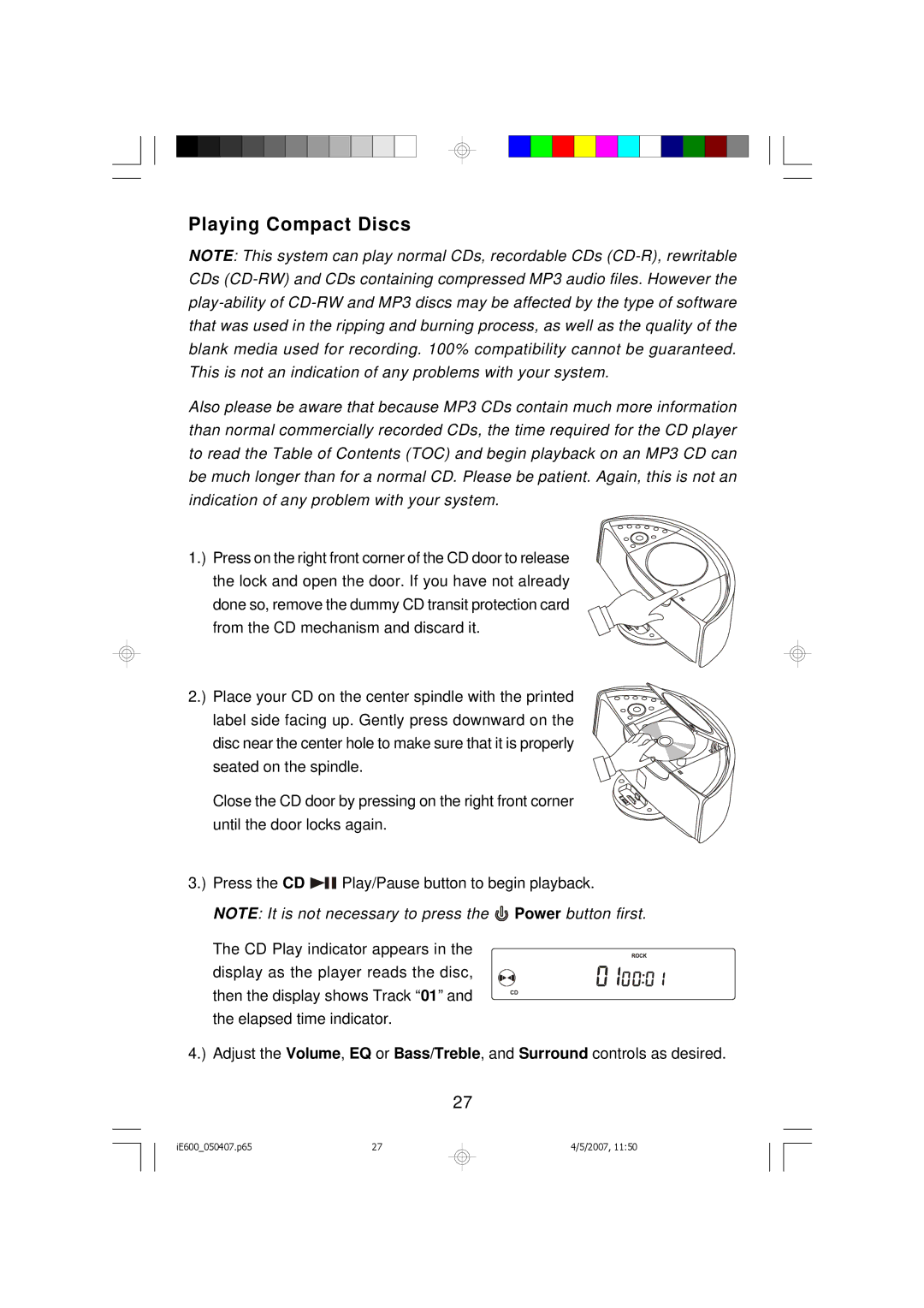 Emerson iE600 owner manual Playing Compact Discs 