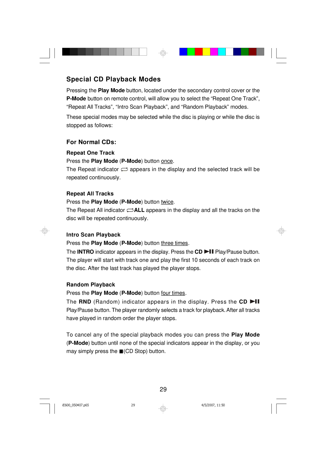 Emerson iE600 owner manual Special CD Playback Modes, For Normal CDs 