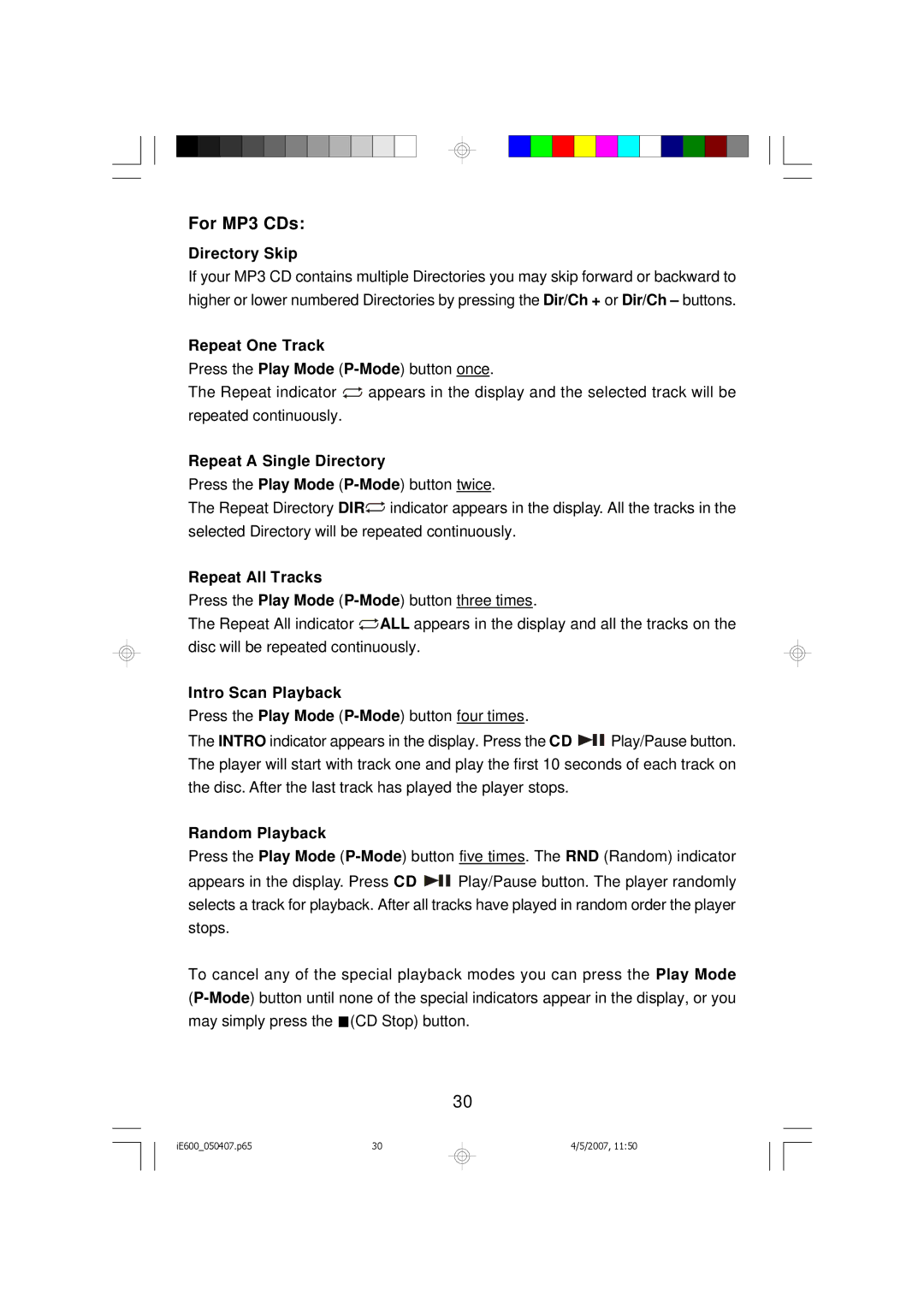 Emerson iE600 owner manual For MP3 CDs, Directory Skip, Repeat a Single Directory 