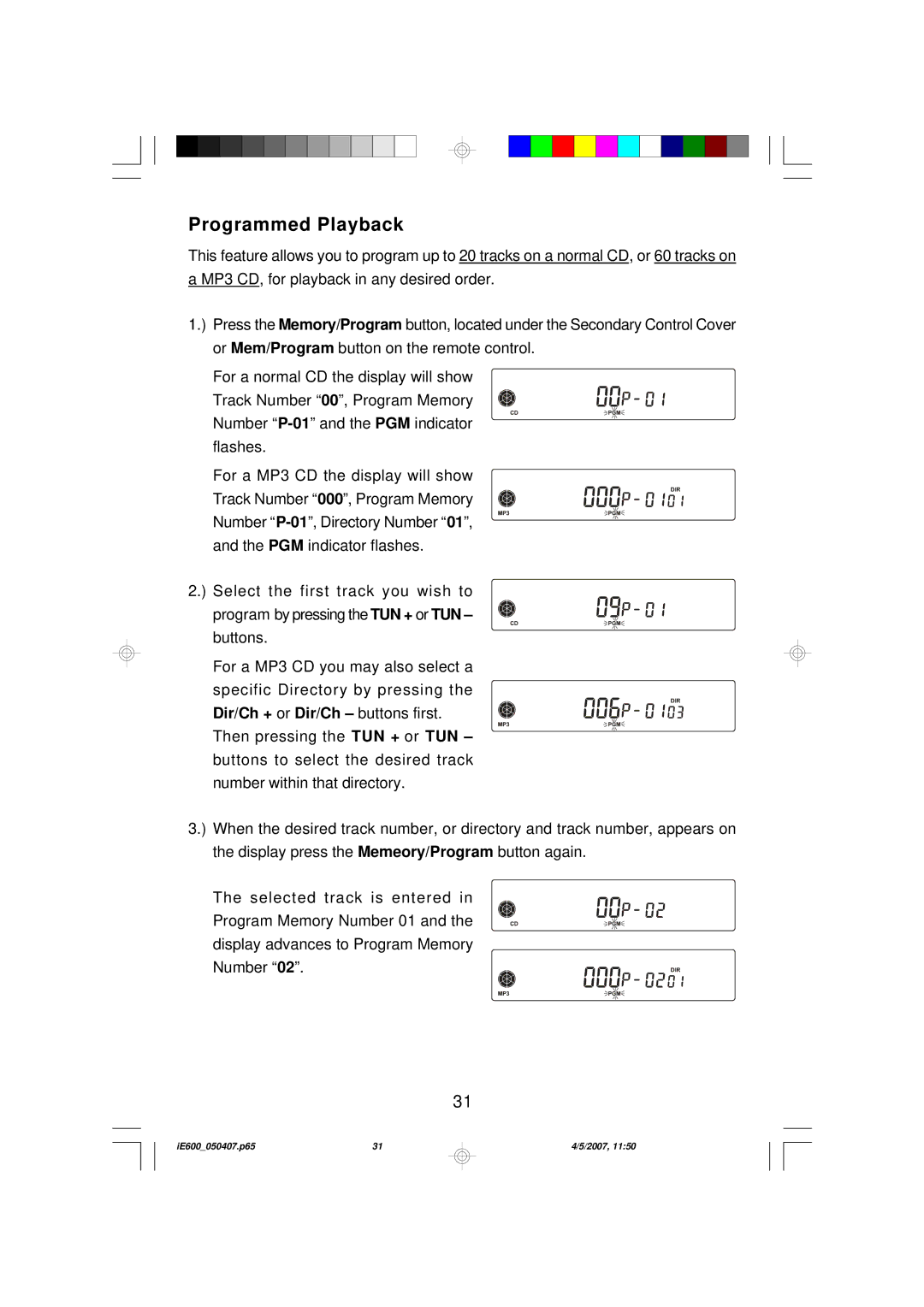 Emerson iE600 owner manual Programmed Playback 