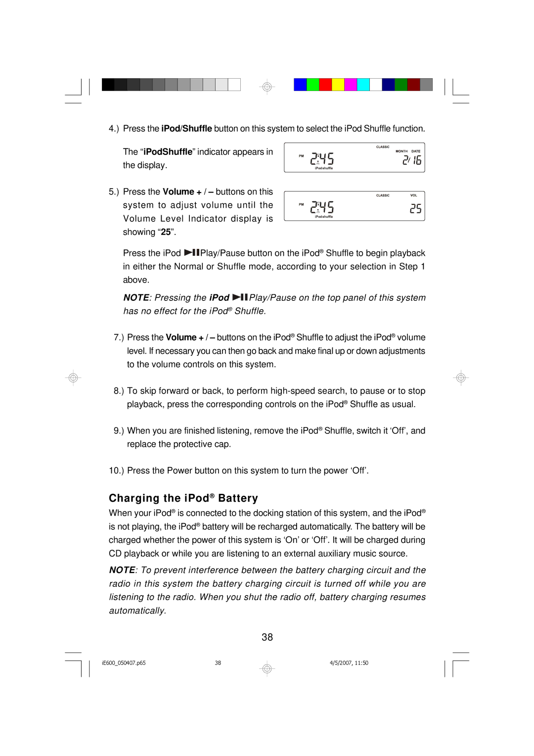 Emerson iE600 owner manual Charging the iPod Battery 