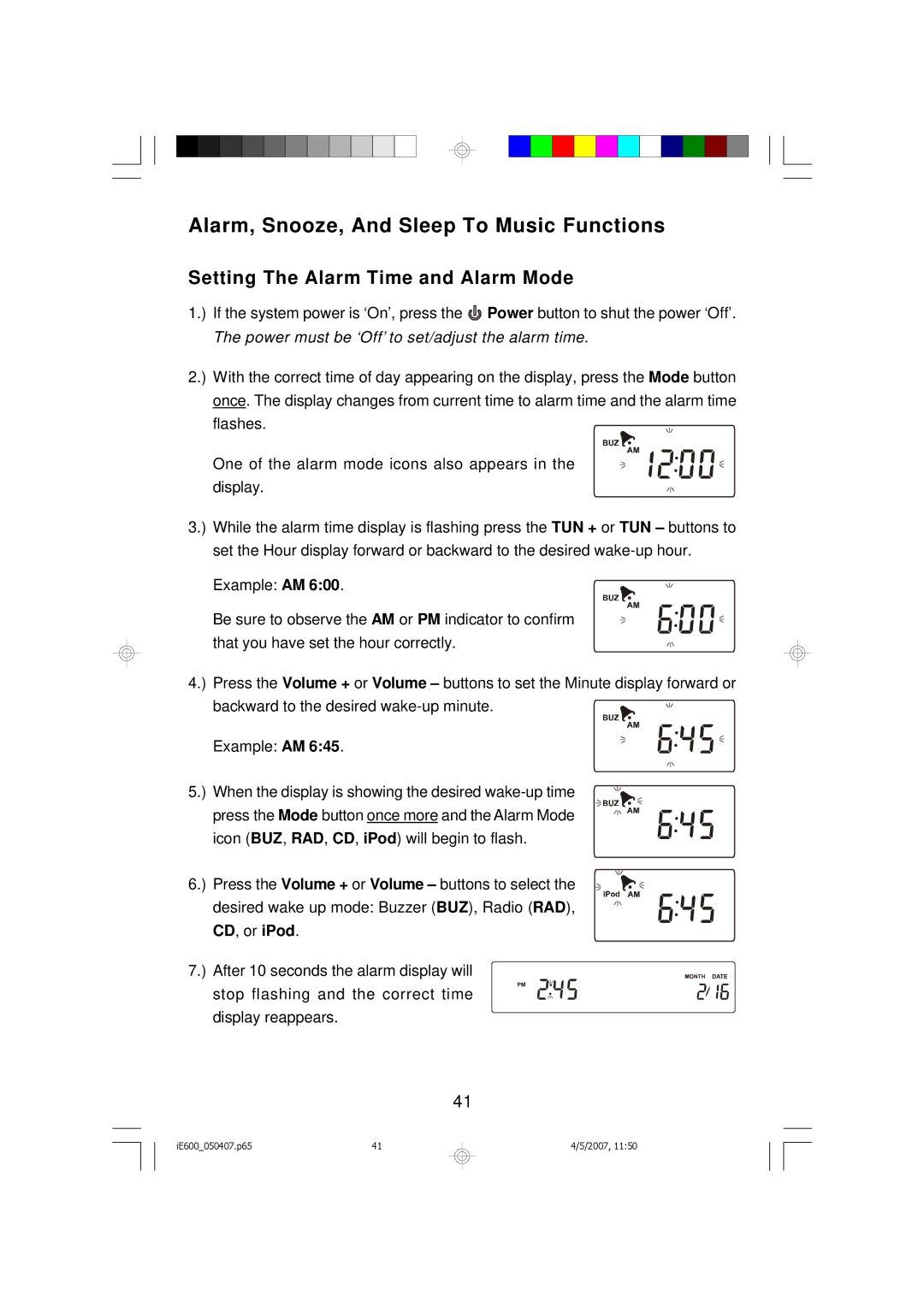 Emerson iE600 owner manual Alarm, Snooze, And Sleep To Music Functions, Setting The Alarm Time and Alarm Mode 