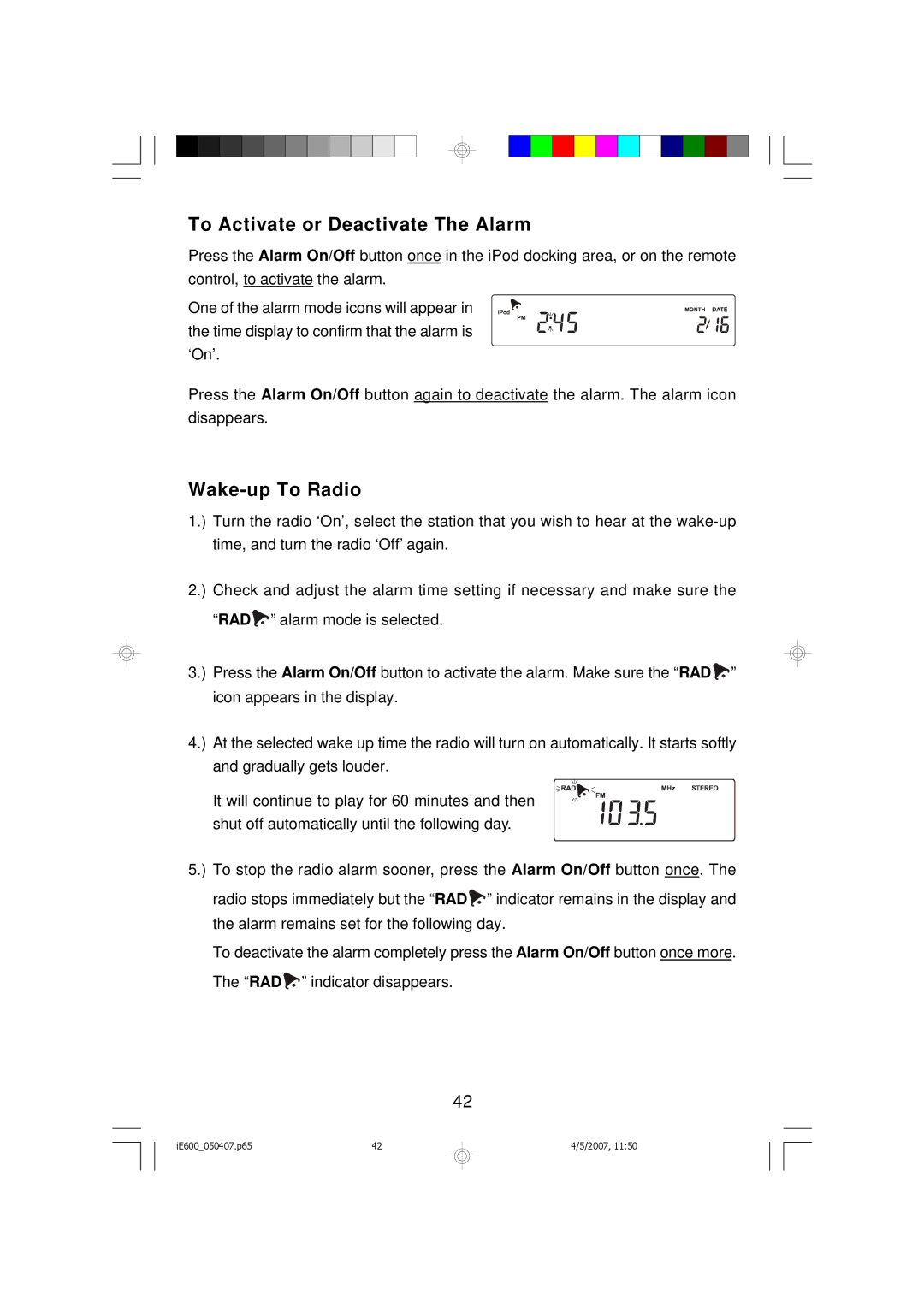 Emerson iE600 owner manual To Activate or Deactivate The Alarm, Wake-up To Radio 