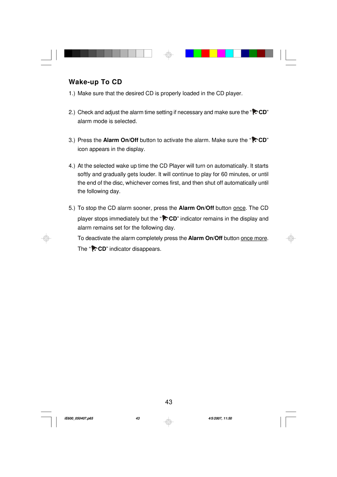 Emerson iE600 owner manual Wake-up To CD 