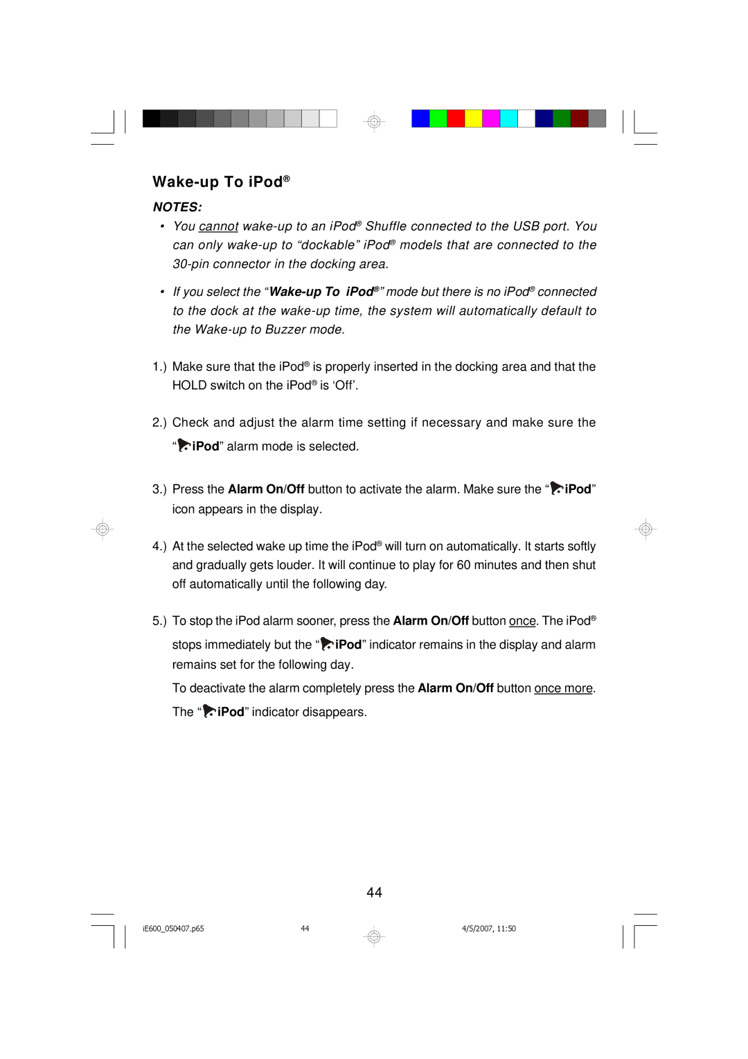 Emerson iE600 owner manual Wake-up To iPod 