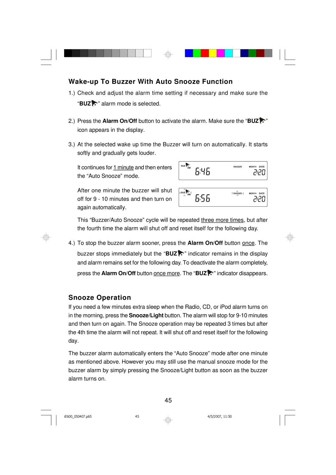 Emerson iE600 owner manual Wake-up To Buzzer With Auto Snooze Function, Snooze Operation 