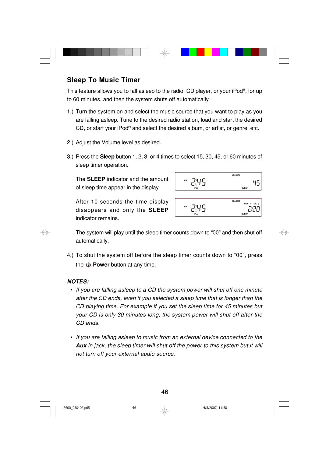 Emerson iE600 owner manual Sleep To Music Timer 