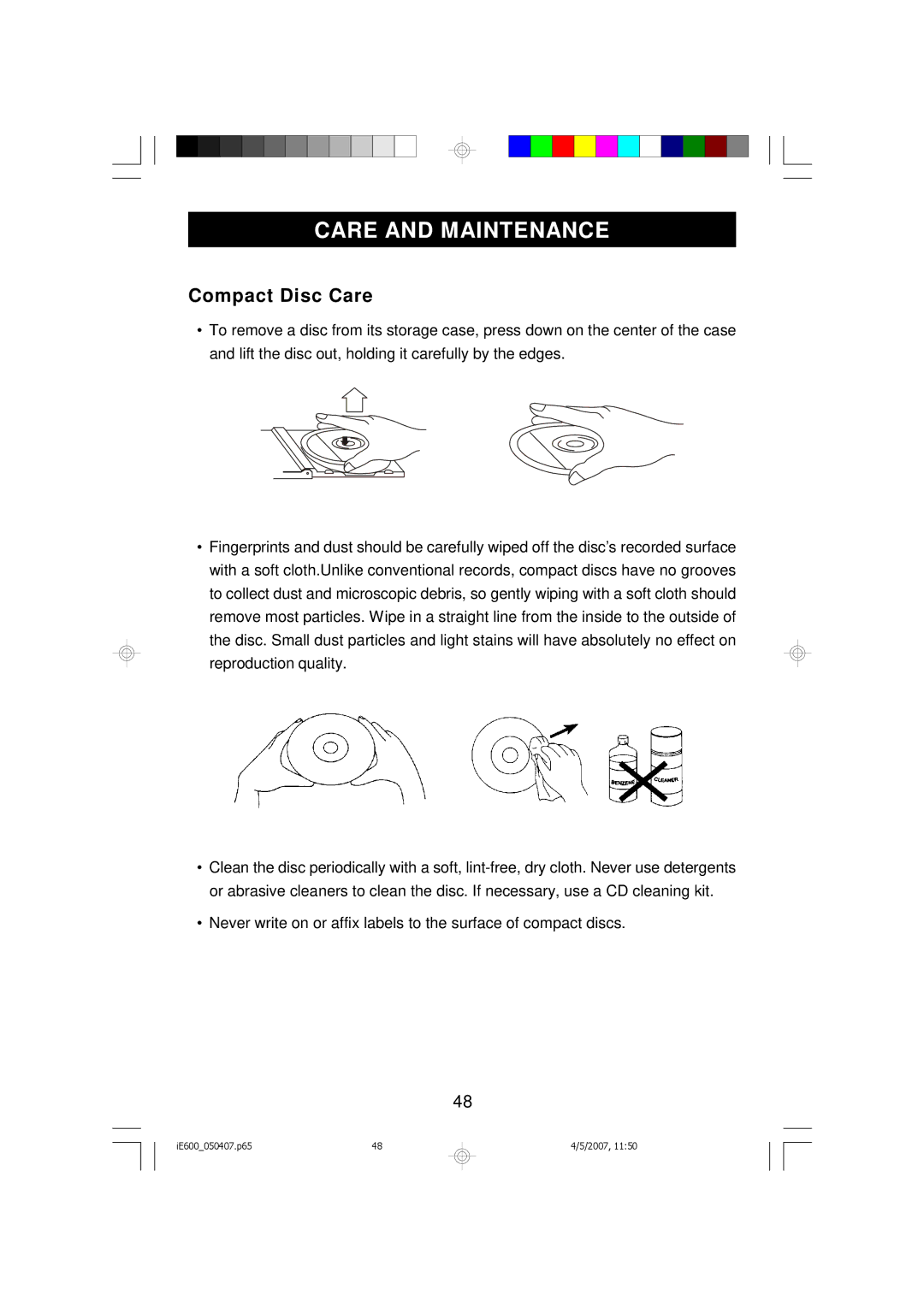 Emerson iE600 owner manual Care and Maintenance, Compact Disc Care 