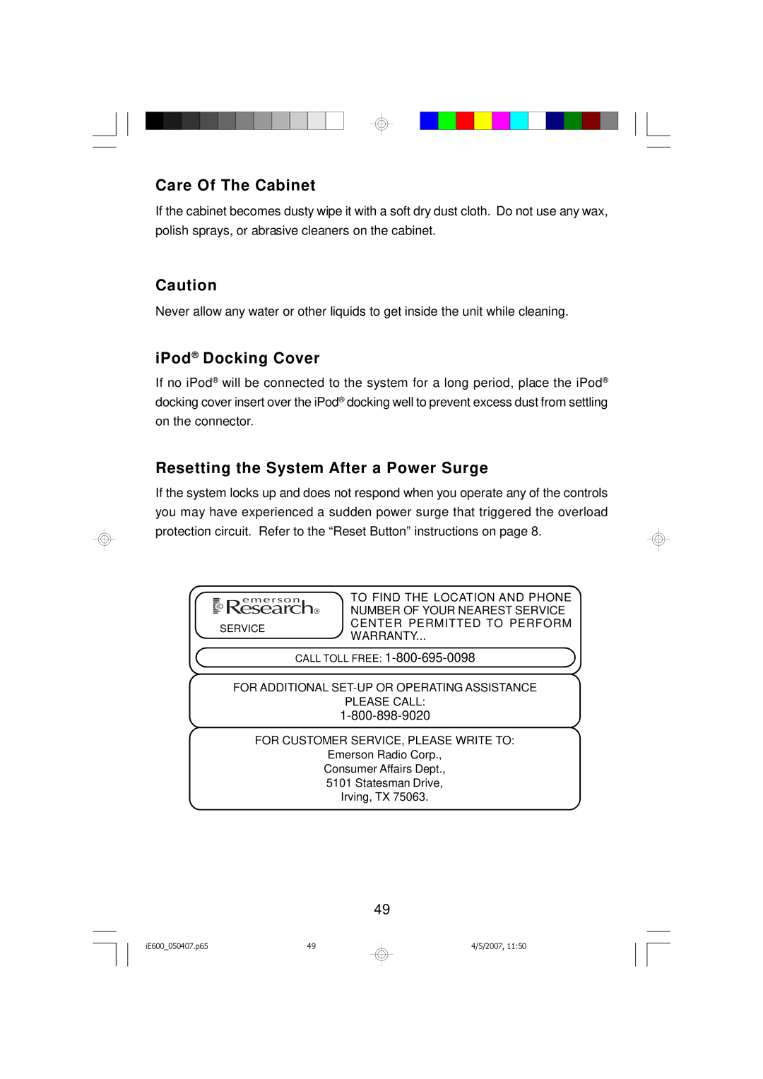 Emerson iE600 owner manual Care Of The Cabinet, IPod Docking Cover, Resetting the System After a Power Surge 