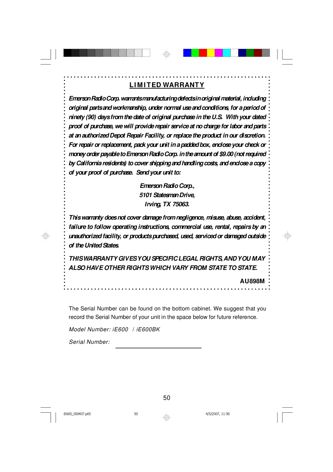 Emerson owner manual Limited Warranty, Model Number iE600 / iE600BK Serial Number 