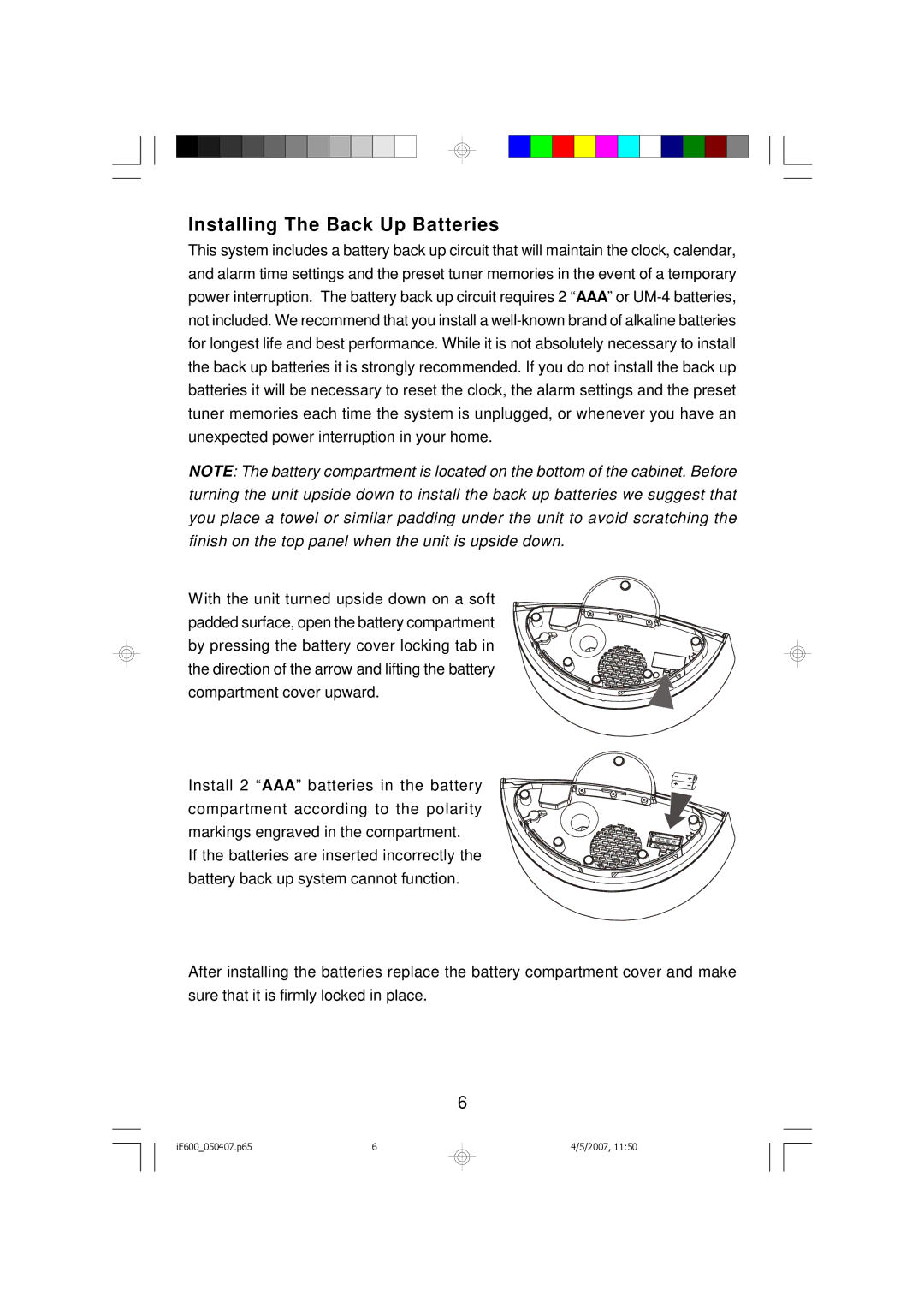 Emerson iE600 owner manual Installing The Back Up Batteries 