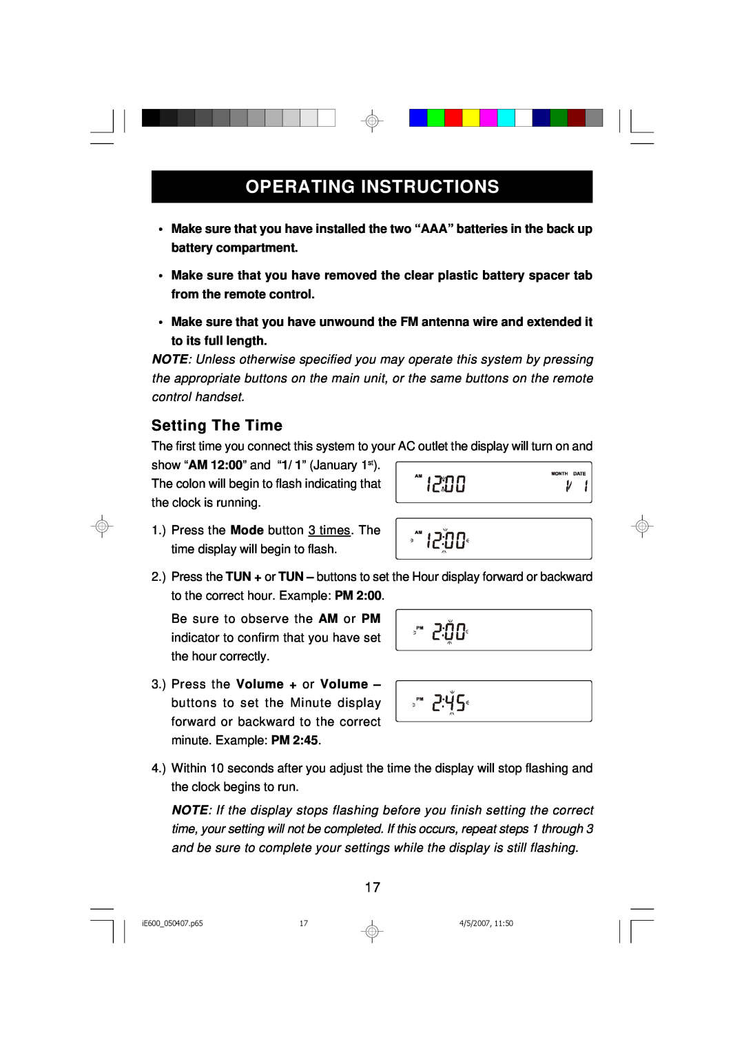 Emerson iE600 owner manual Operating Instructions, Setting The Time 