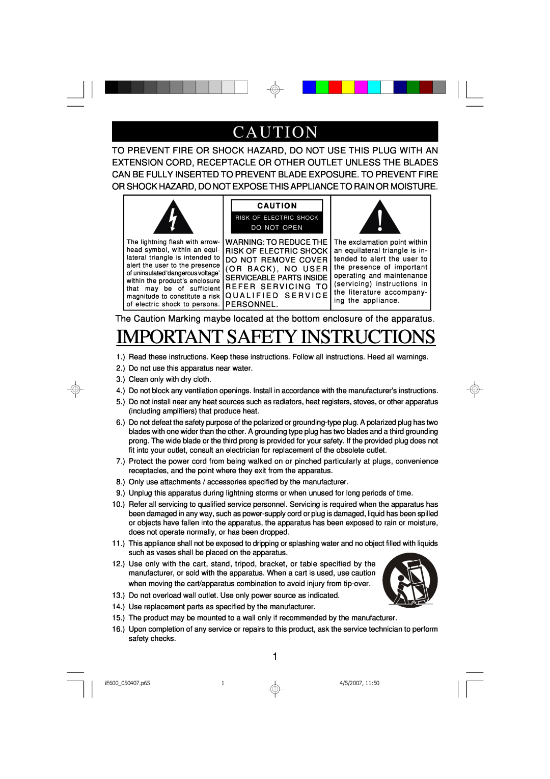 Emerson iE600 owner manual Important Safety Instructions, Caut I On, Caut I O N 