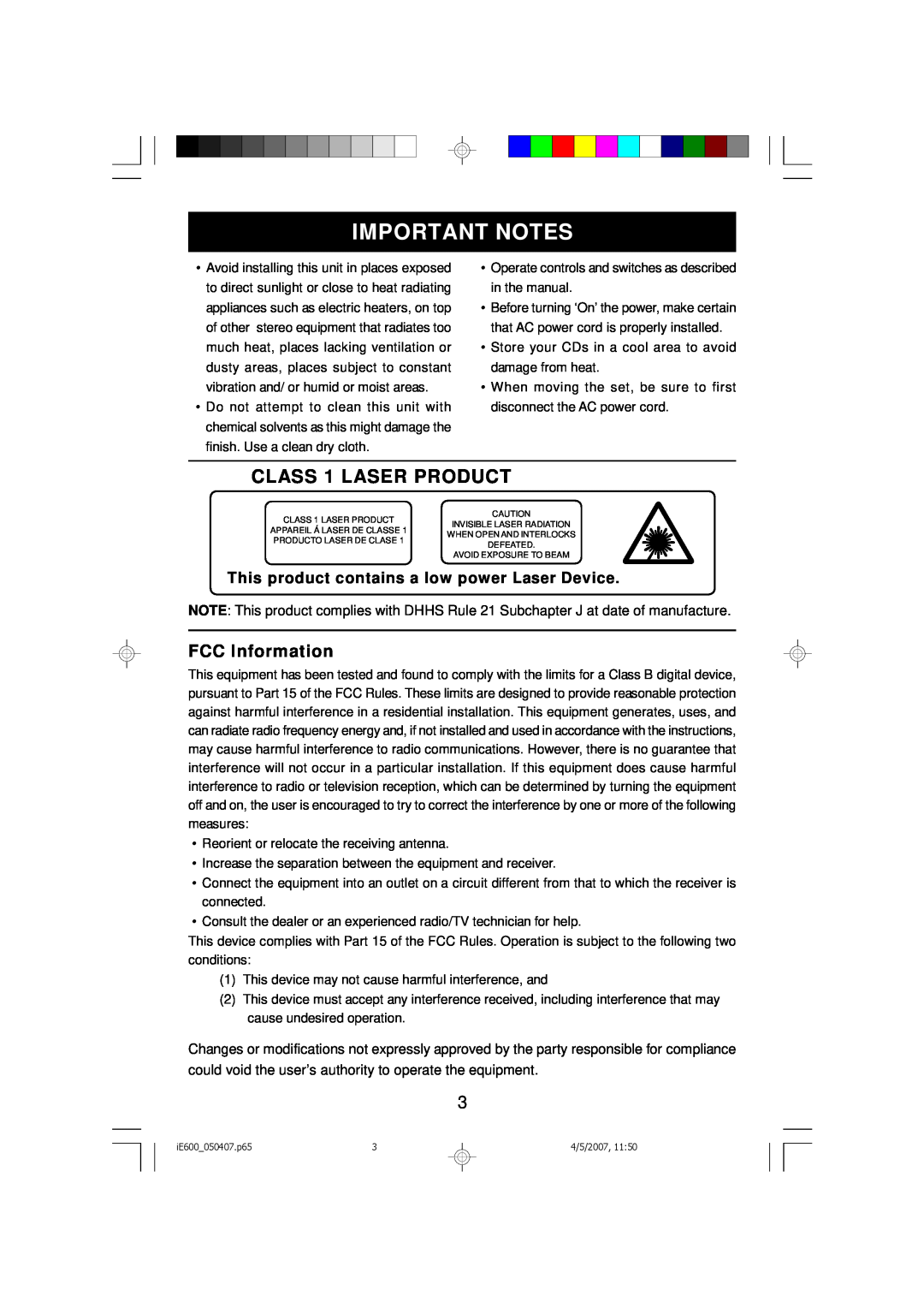 Emerson iE600 owner manual Important Notes, CLASS 1 LASER PRODUCT, FCC Information 