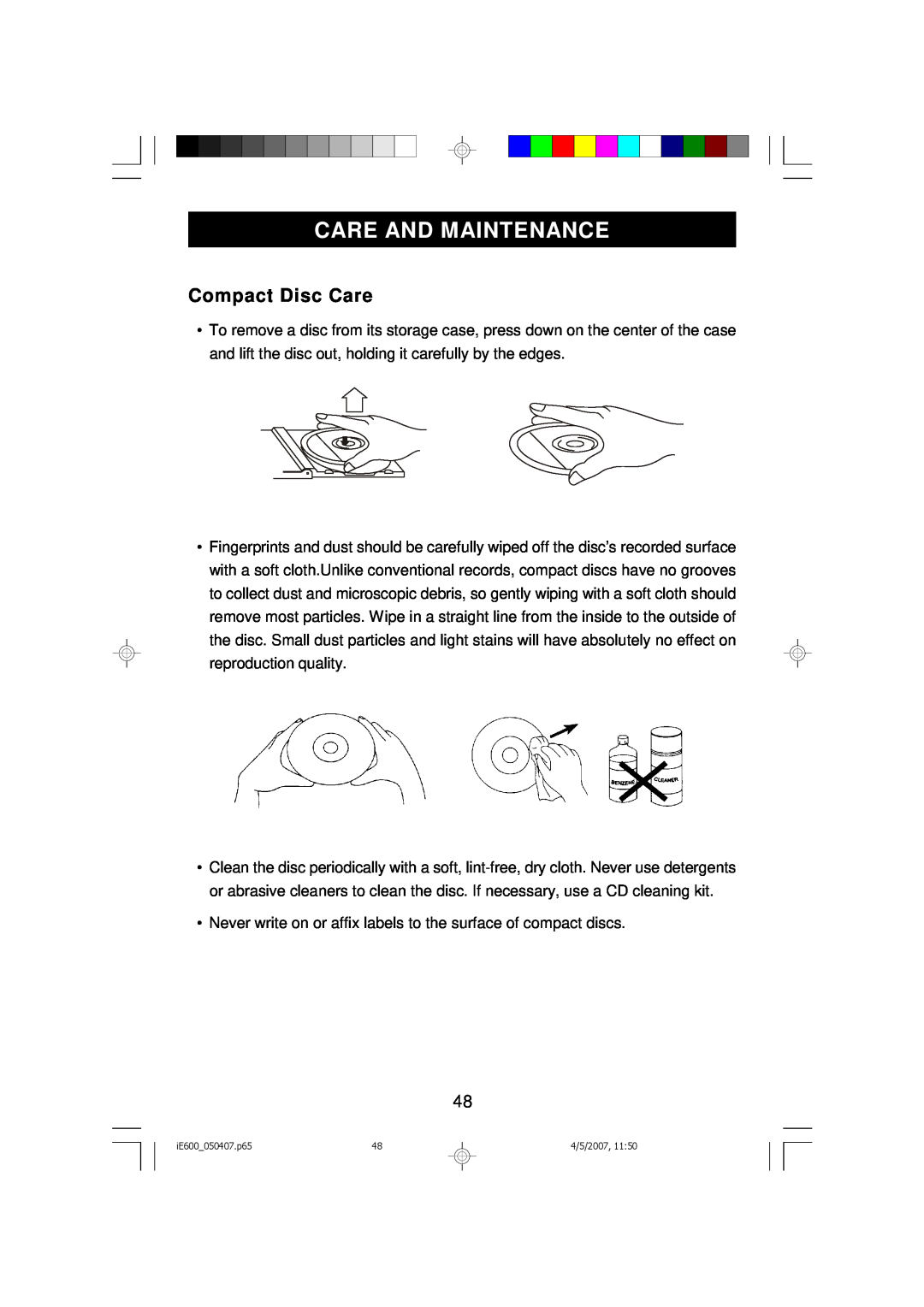 Emerson iE600 owner manual Care And Maintenance, Compact Disc Care 