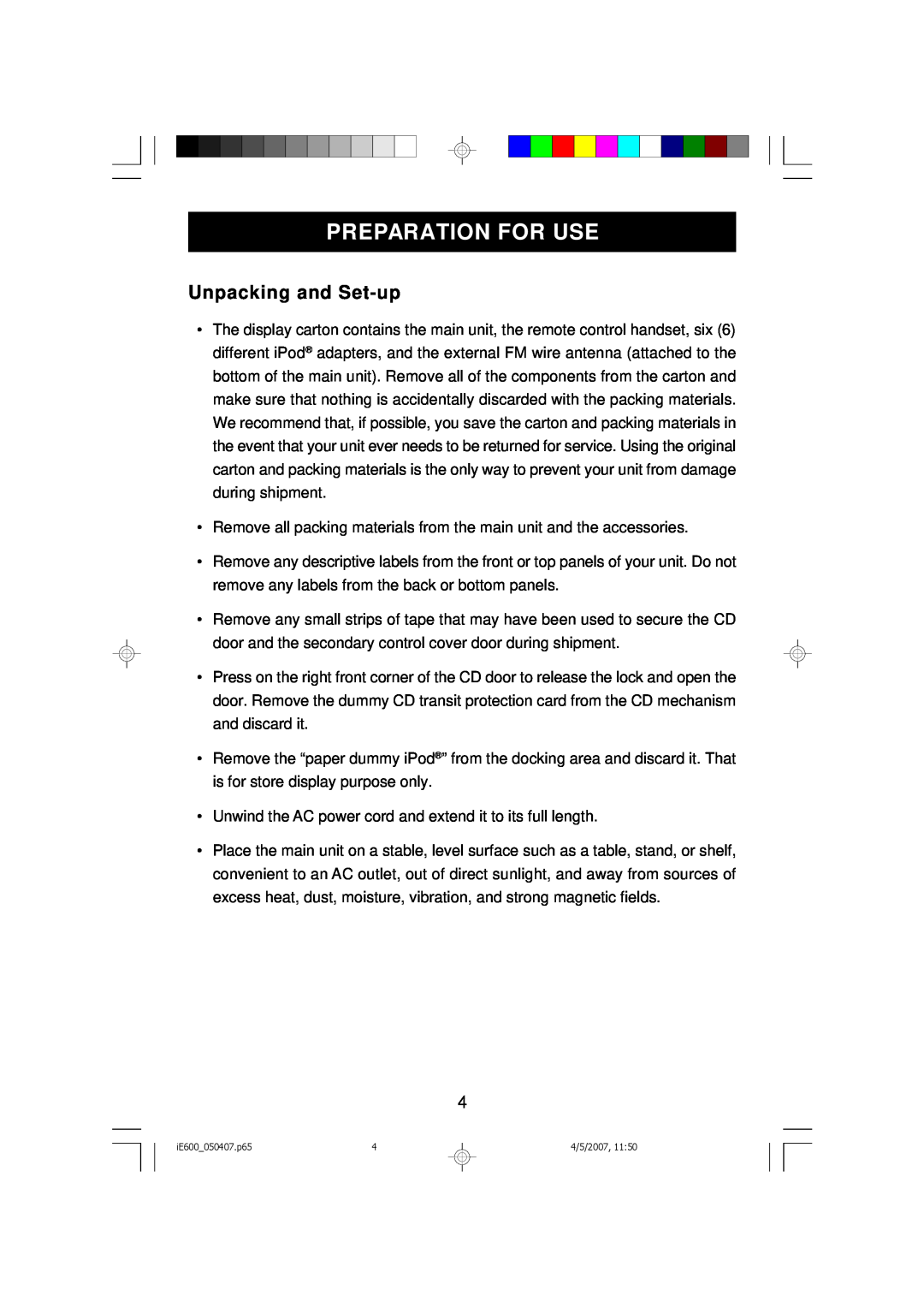 Emerson iE600 owner manual Preparation For Use, Unpacking and Set-up 