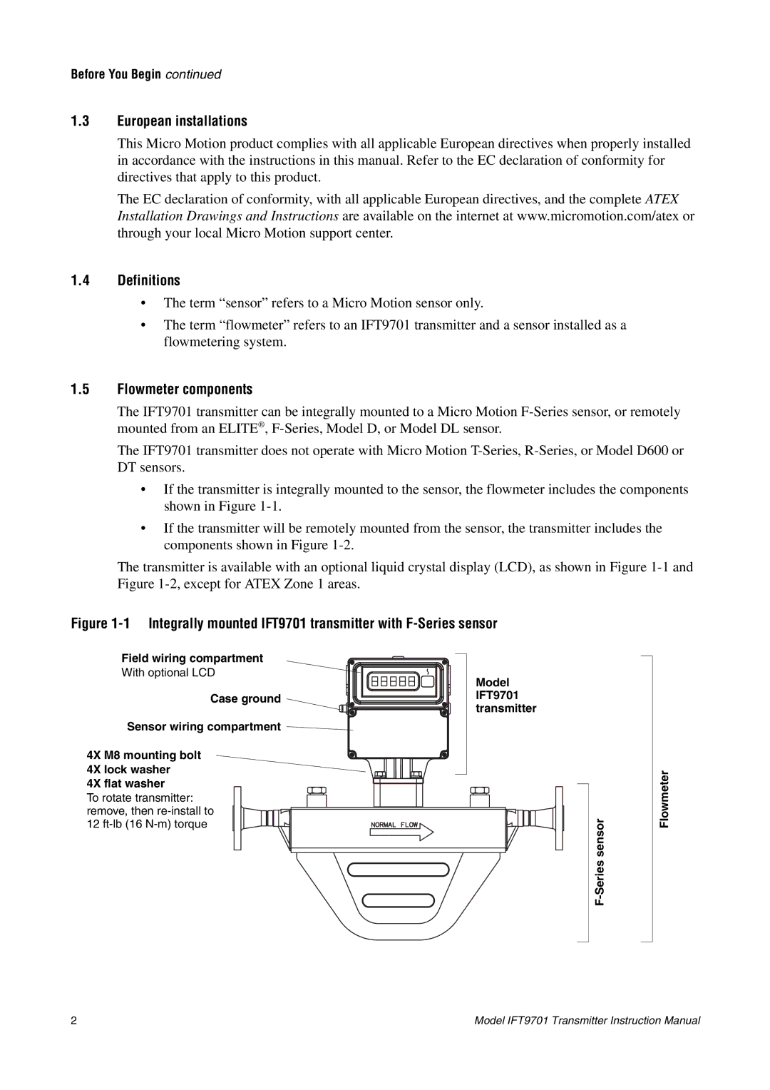 Emerson IFT9701 instruction manual European installations, Definitions, Flowmeter components 