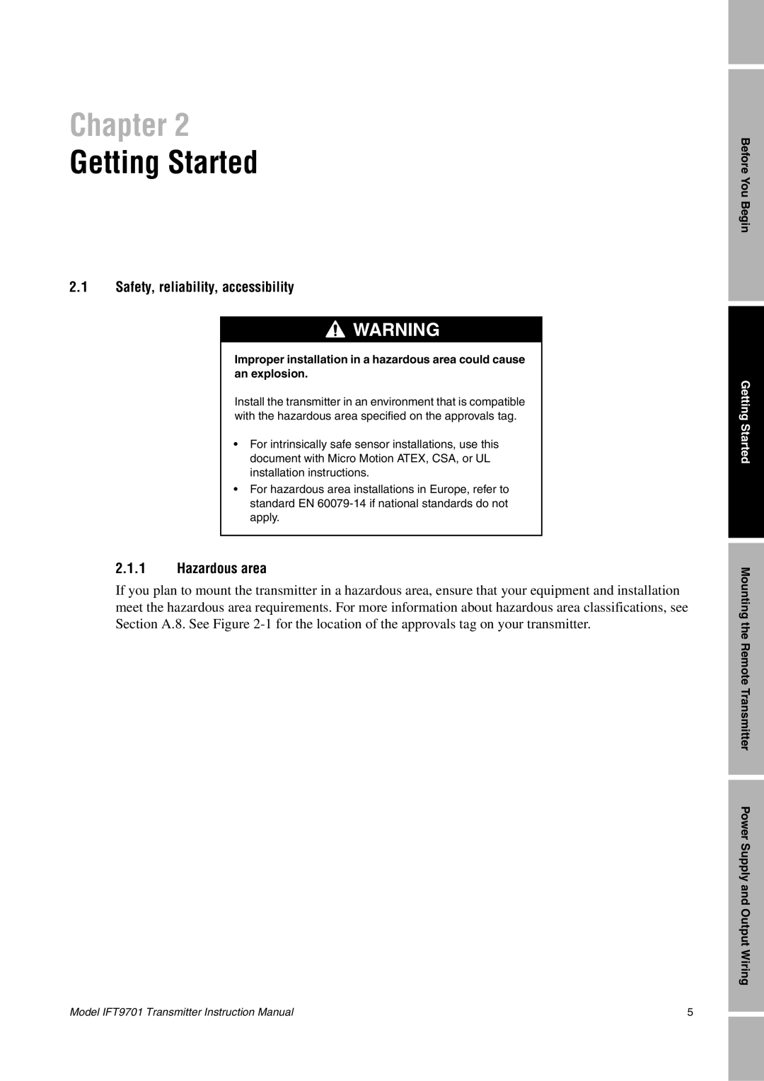 Emerson IFT9701 instruction manual Getting Started, Safety, reliability, accessibility, Hazardous area 